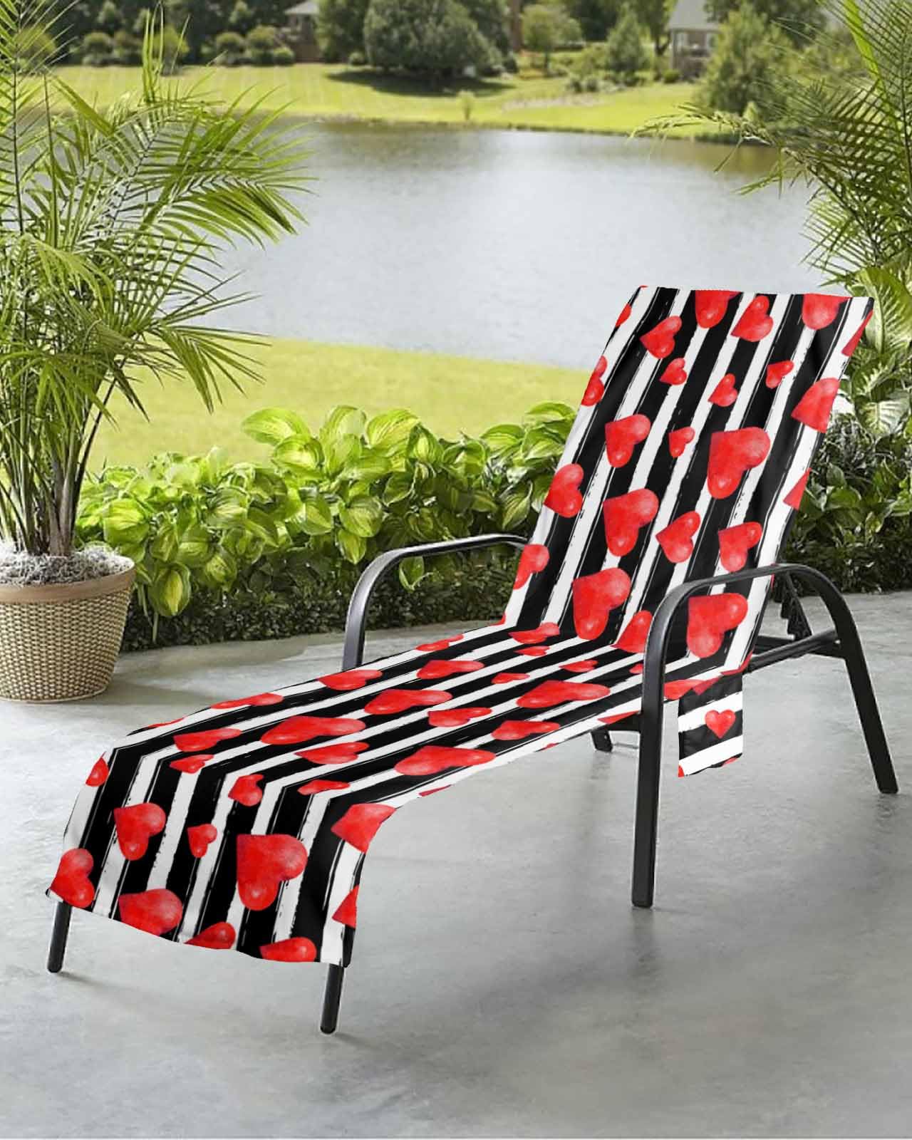 Black Stripes Love Beach Chair Towel Covers for Chaise Lounge with Side Pocket, Soft Plush Pool Towels Cover for Patio Sunbathing Outdoor 29''x85'' Valentine's Red Watercolor Heart
