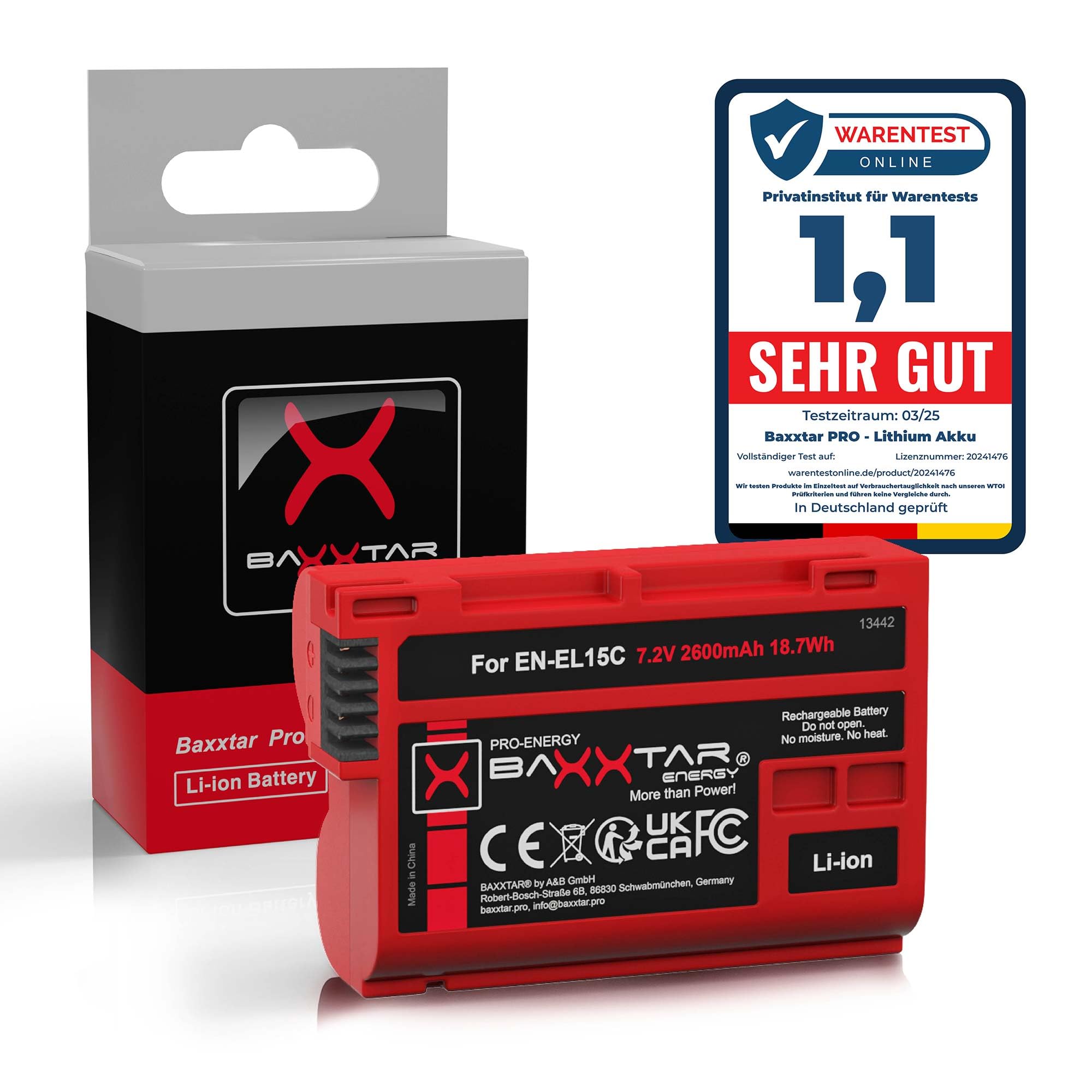 Baxxtar EN-EL15c Batteria 2600mAh compatibile con Nikon Z5 Z6 II Z7 II Z8 D500 D600 D610 D750 D780 D800 D810 D850 D7000 D7100 D7200 D7500 EN-EL15b ENEL15 EN EL15