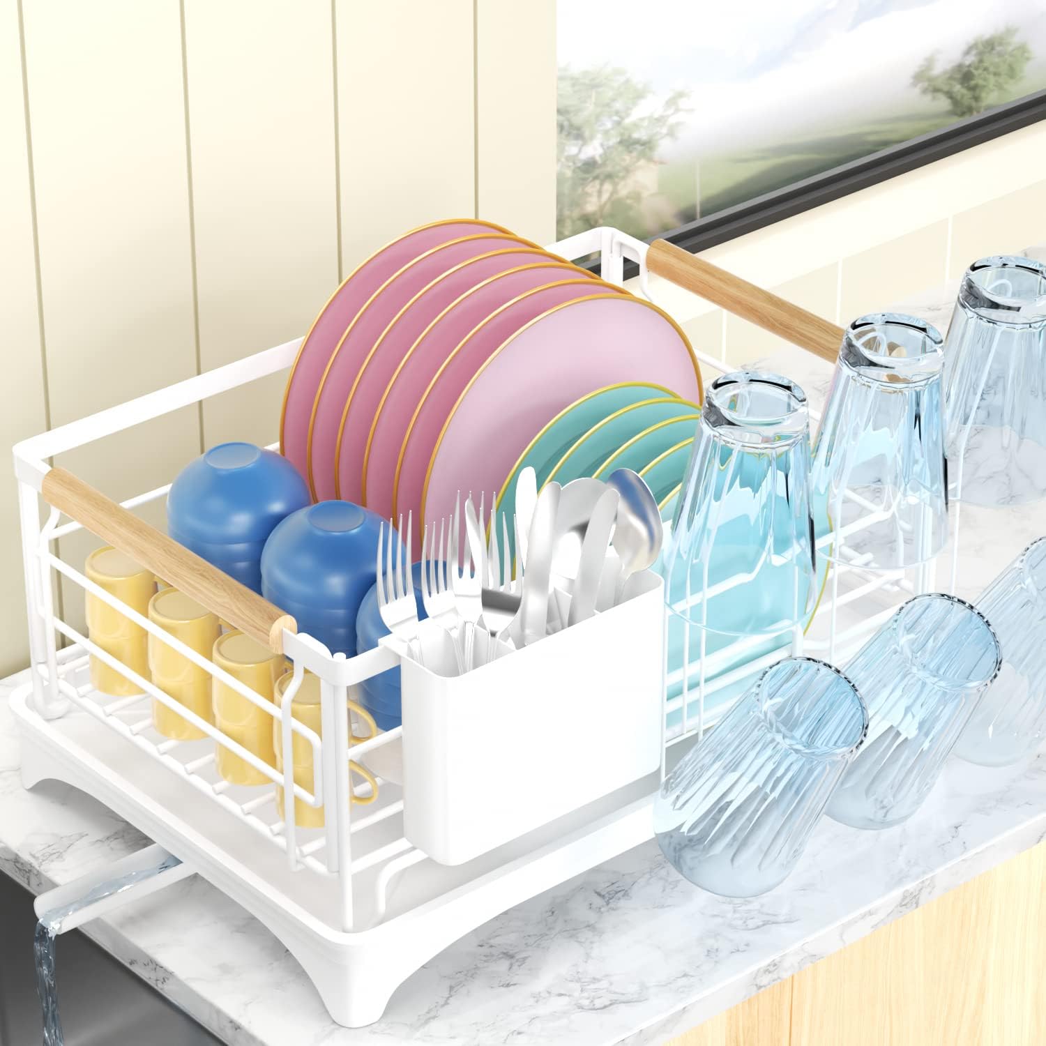 G-TING Dish Drying Rack, Dish Rack for Kitchen Counter, Rust-Proof Dish Drainer with Drying Board and Utensil Holder for Kitchen Counter Cabinet, 16.6” L× 12.6”W× 7.8”H, White