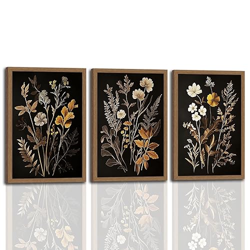 3Pcs Framed Vintage Moody Black Flower Beautiful Wildflower Botanical Wall