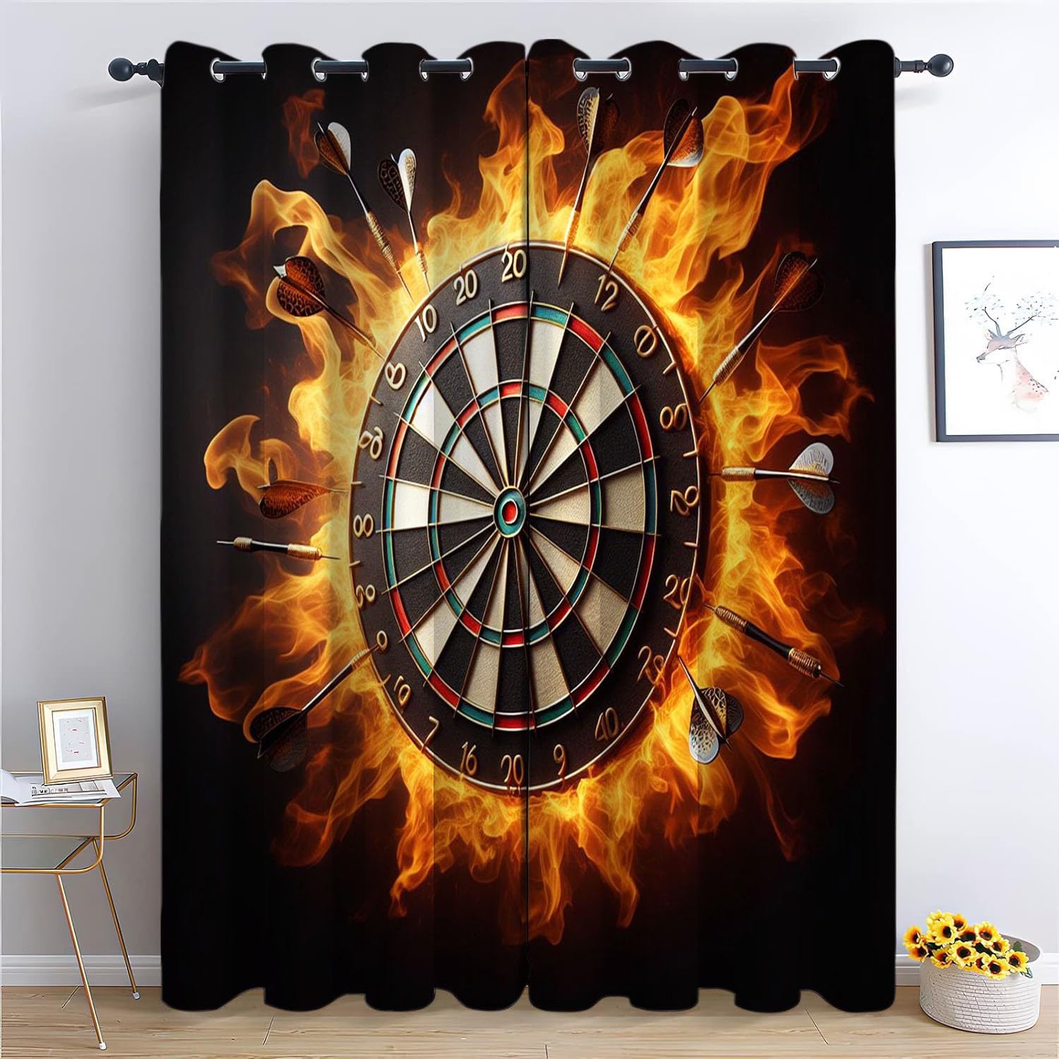 Srigzcaly Eyelet Curtains Golden Flame Dart Board Pattern Thermal Window Curtain for Living Room Bedroom Home Decor, Black 92 x 72 Inch (W x L) Drapes 100% Blackout Room Darkening