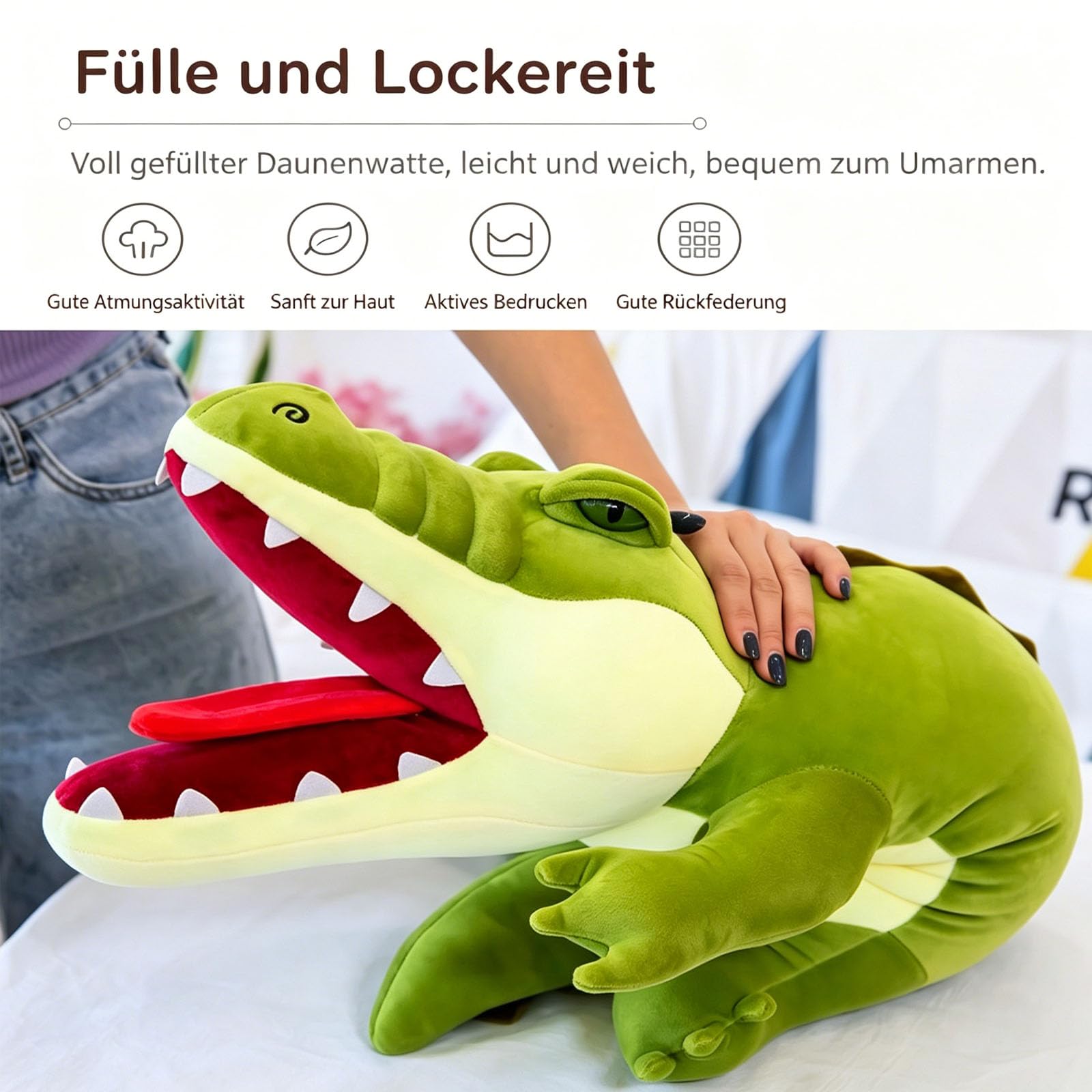 Riesen Krokodil Kuscheltier XXL, groß Grün Krokodil Stofftier Plüschtier mit offenem Maul, Krokodilkissen Plüschtier, Lustige Alligatoren-Plüschtiere Geschenk für Jungen und Mädchen (120cm,Grün)