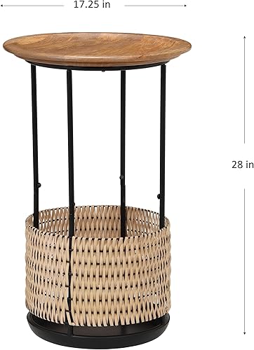 Miniatura 3 de Mesa auxiliar redonda pequeña, mesa auxiliar con tapa de madera con cesta de ratán de almacenamiento, hecha a mano por artesanos, moderna mesa