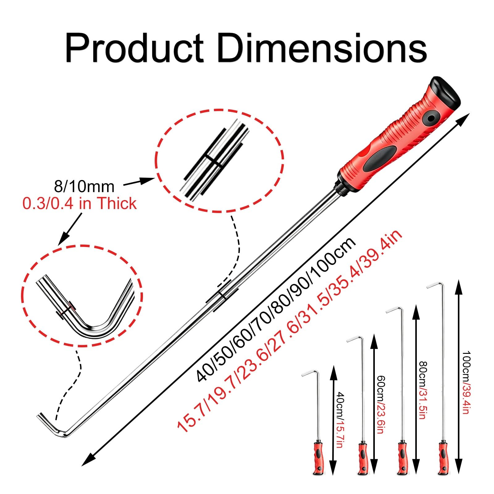 Paquete de 2 Ganchos en Forma de J romos de 15-3/4 a 39-3/8 pulg | Herramienta antideslizante de agarre suave de color rojo, opciones de eje de 5/16 y 3/8 pulg.(8mm/0.3in Thick,90cm/35.4in)