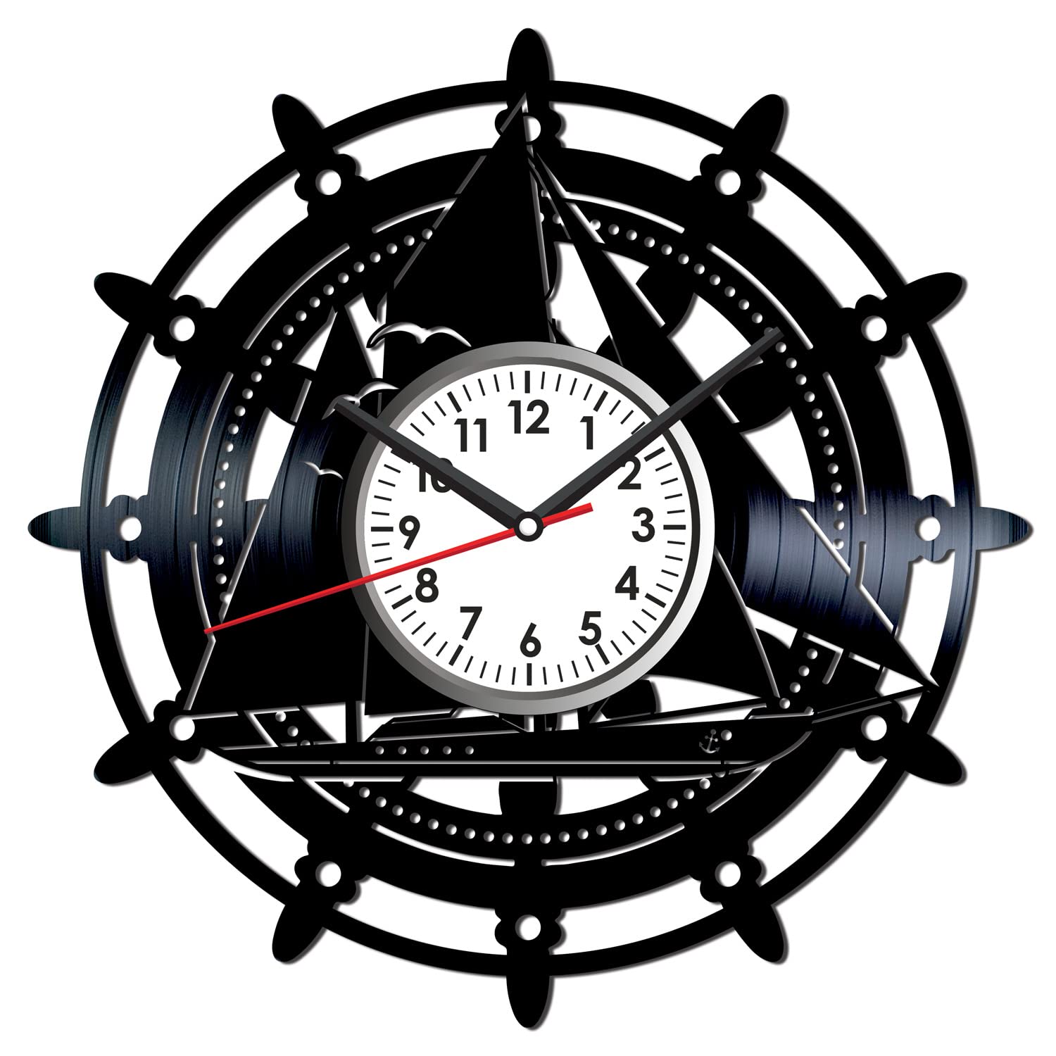 Steering Wheel Vinyl Wall Clock Silent Non Ticking Battery Operated 12 Inch Wall Clocks Ocean Theme Decor Nautical Wall Art for Home Kitchen Bedroom Office