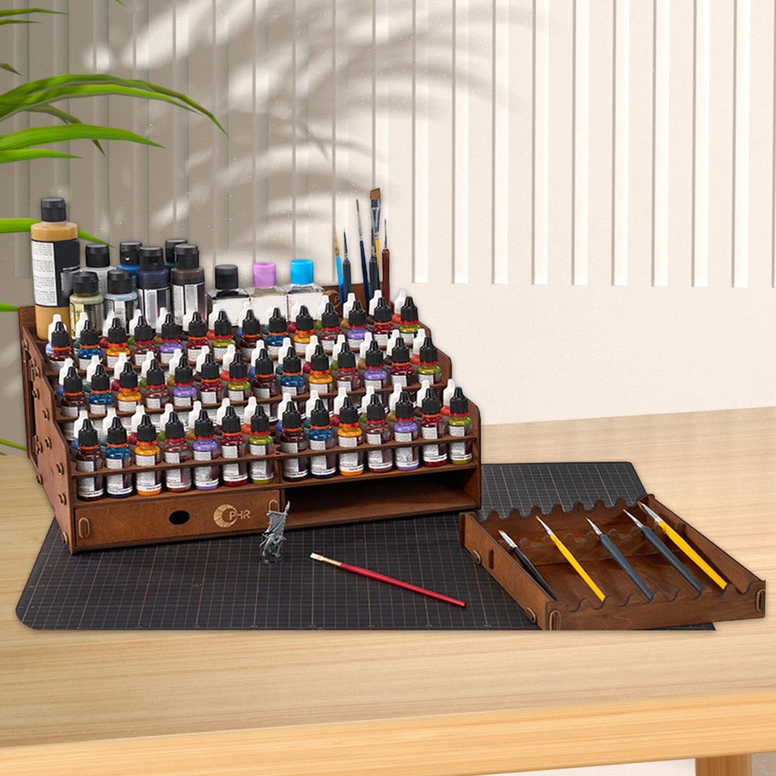 Qianly Paint Storage Organizer Holzstruktur Pinselhalter Aufbewahrungsfach Schublade Stifthalter mit Hoher Kapazität für Künstler Modellbau Heimwerkstatt, 98 Löcher