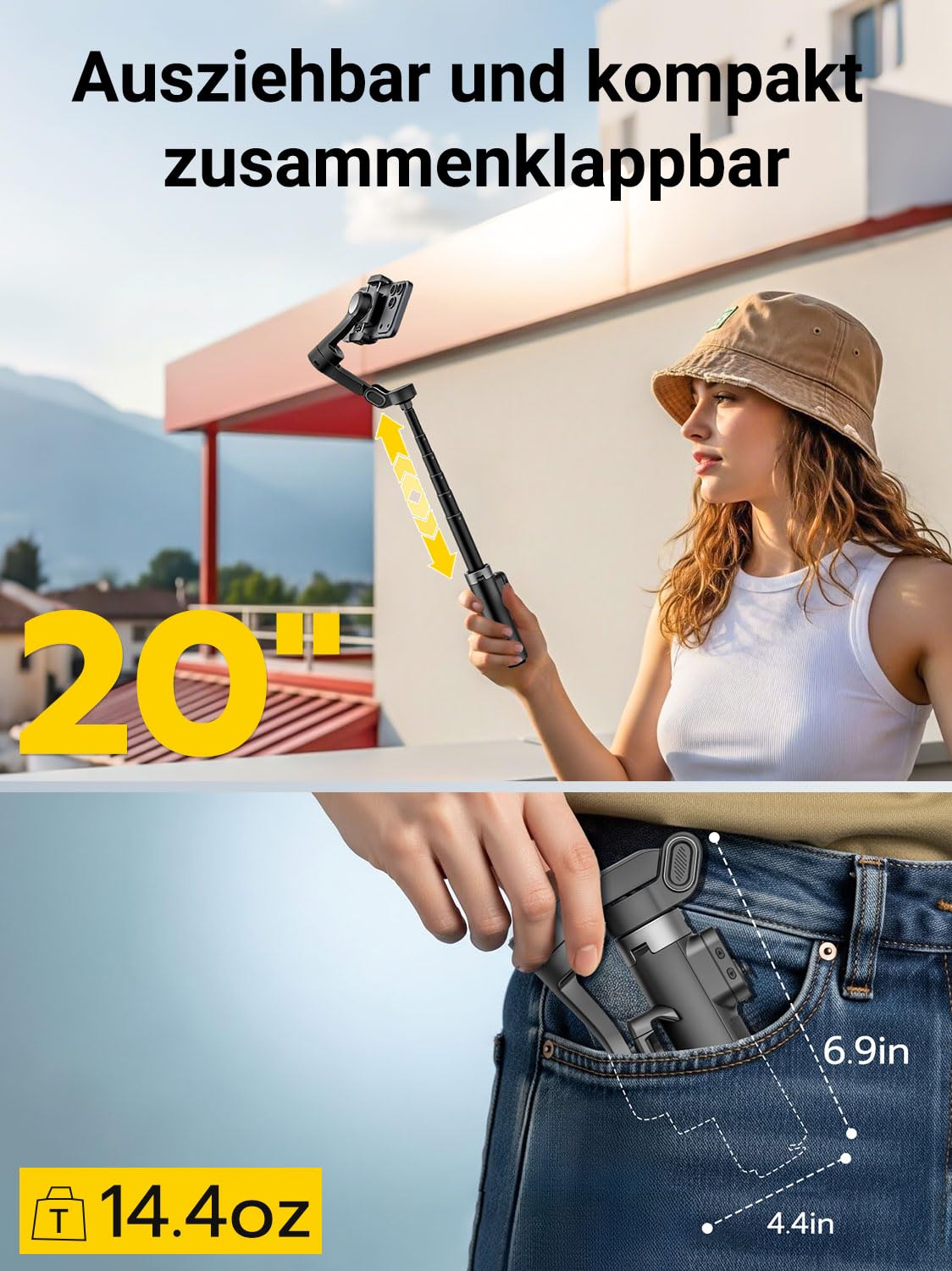 AOCHUAN 360° drehbarer Gimbal-Stabilisator für iPhone mit magnetischer Fernbedienung, Drei-Achsen-Stabilisator und 50 cm integrierter Verlängerungsstange, geeignet für Reisen, Live-Stream und Vlogging