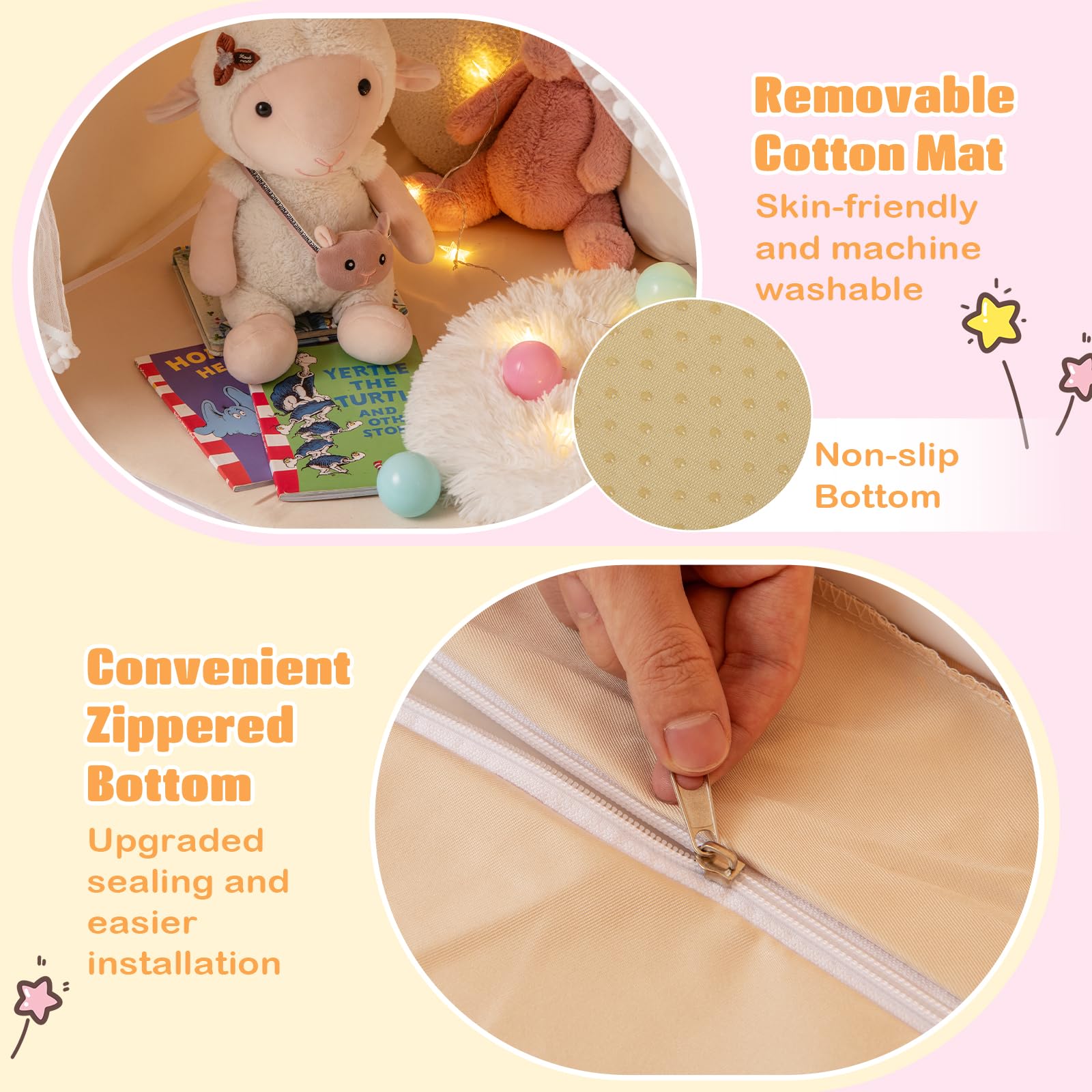 FANTASK Kinderzelt mit Fenstern & Matte, Spielzelt Kinder mit Sternenlichter & doppeltem Vorhang, Kinder Spielhaus für Jungen und Märchen