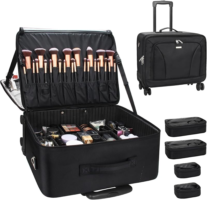 Maleta de maquiagem com rodinhas Relavel, 3 camadas, compartimento térmico, 4 bolsas transparentes, preta