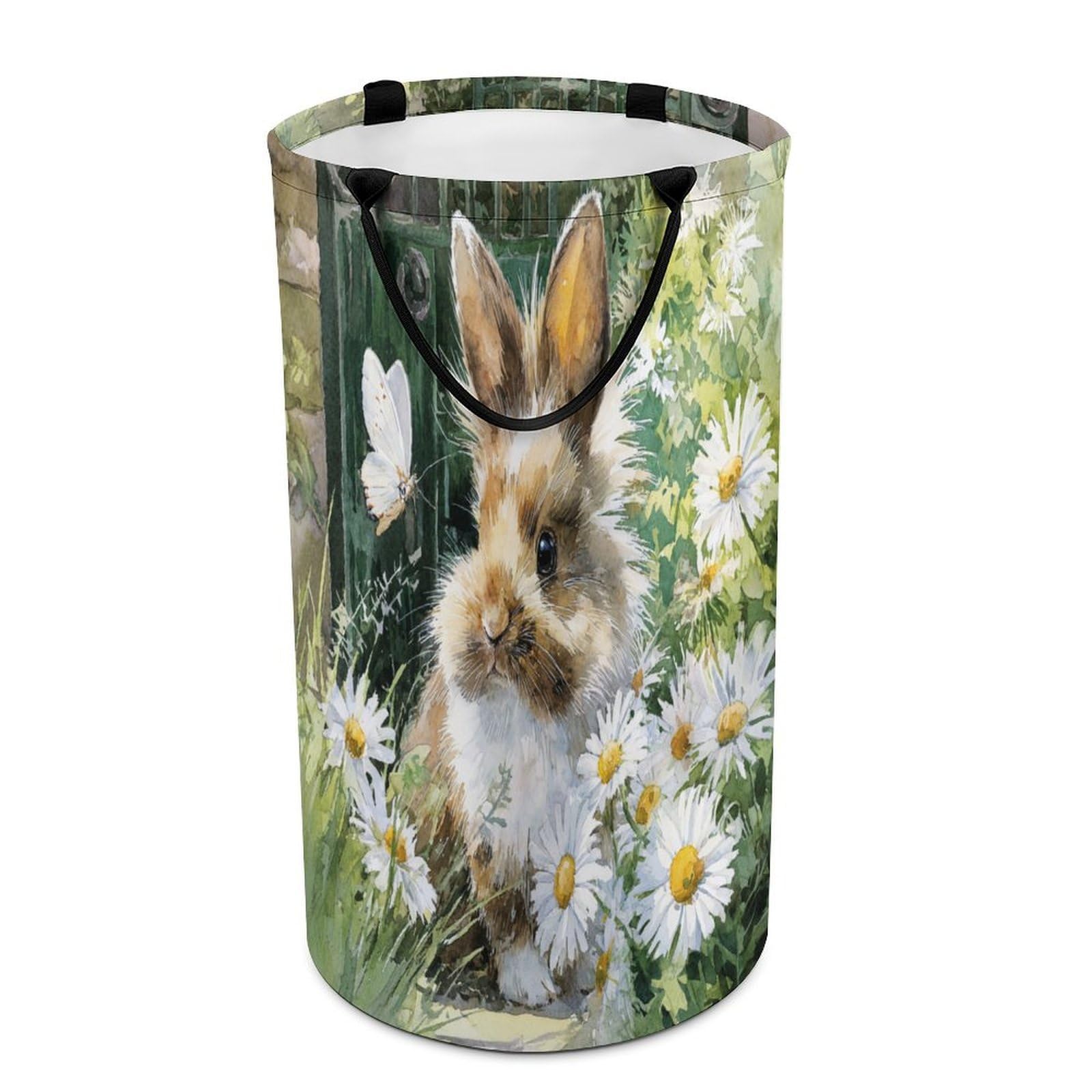 LUYYSKY Classic Fantasy Cute Rabbits Versatile Storage Laundry Basket, Retro Oil Painting Spring Garden Daisies Flowers Animal Bunny Large Capacity Bathroom Hamper With Handle