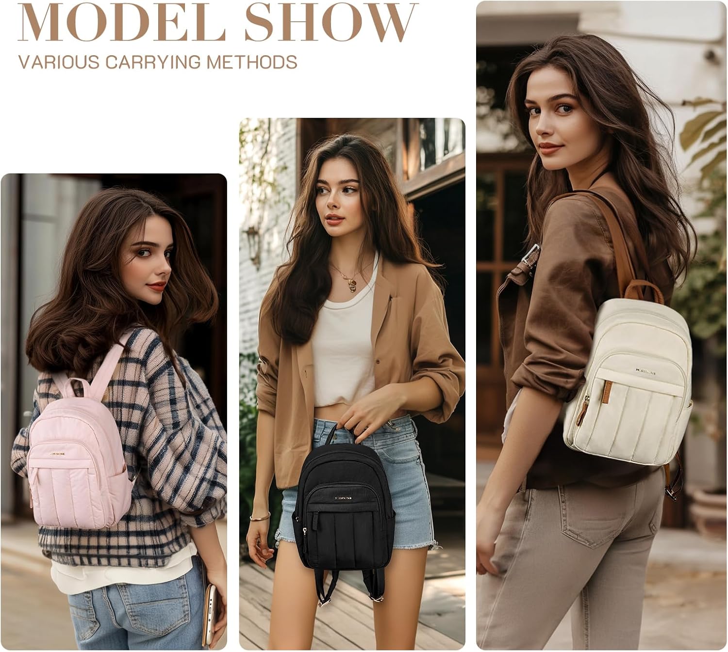 Missnine Mini Small Backpack for Women, 8.6" L×4.3" W×14.4" H, Lightweight Quilted Small Backpack Purses, Puffer Daily Purse Water-resistant Brown+Beige - Image 4