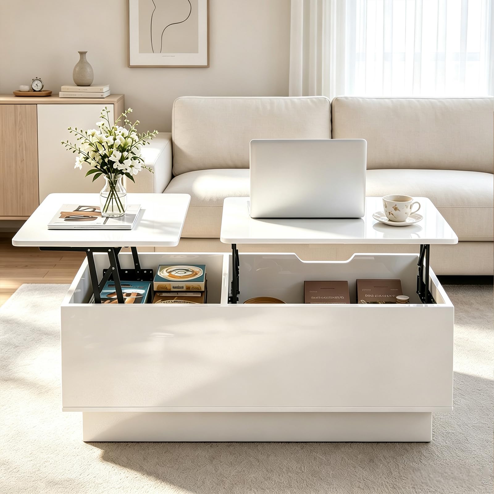 Couchtisch Höhenverstellbar, Wohnzimmertisch Hochglanz mit Verstecktem Stauraum und Schubladen Modern, Couchtisch Hochglanz mit Hebeplatte, 100 x 50 x 40 cm, Weiß