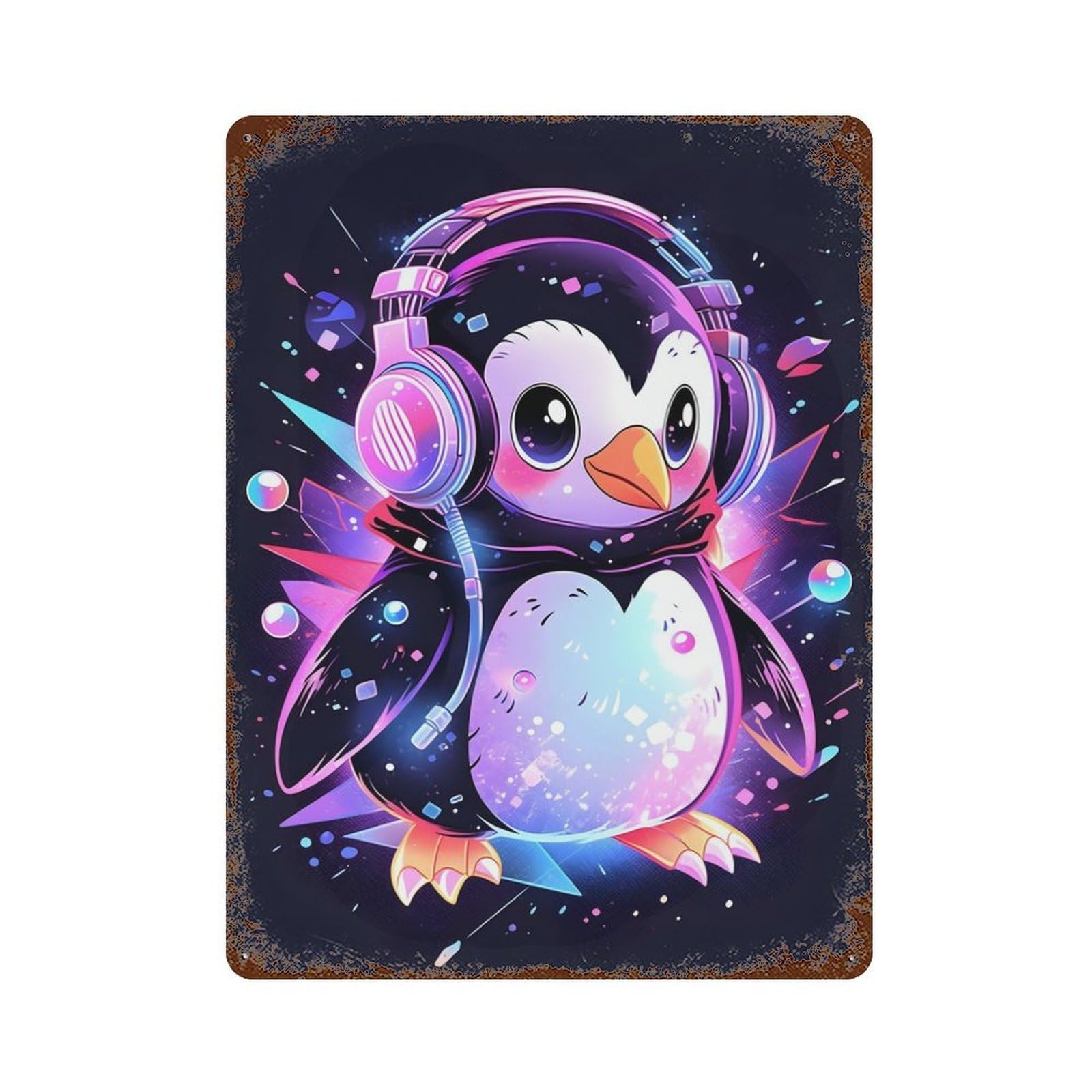 Rust Effect Elegant Penguin Headphones Distressed Metal Wall Sign 15.7"x11.8", Decorative Metal Wall Art for Living Room, Hallway And Home Decor