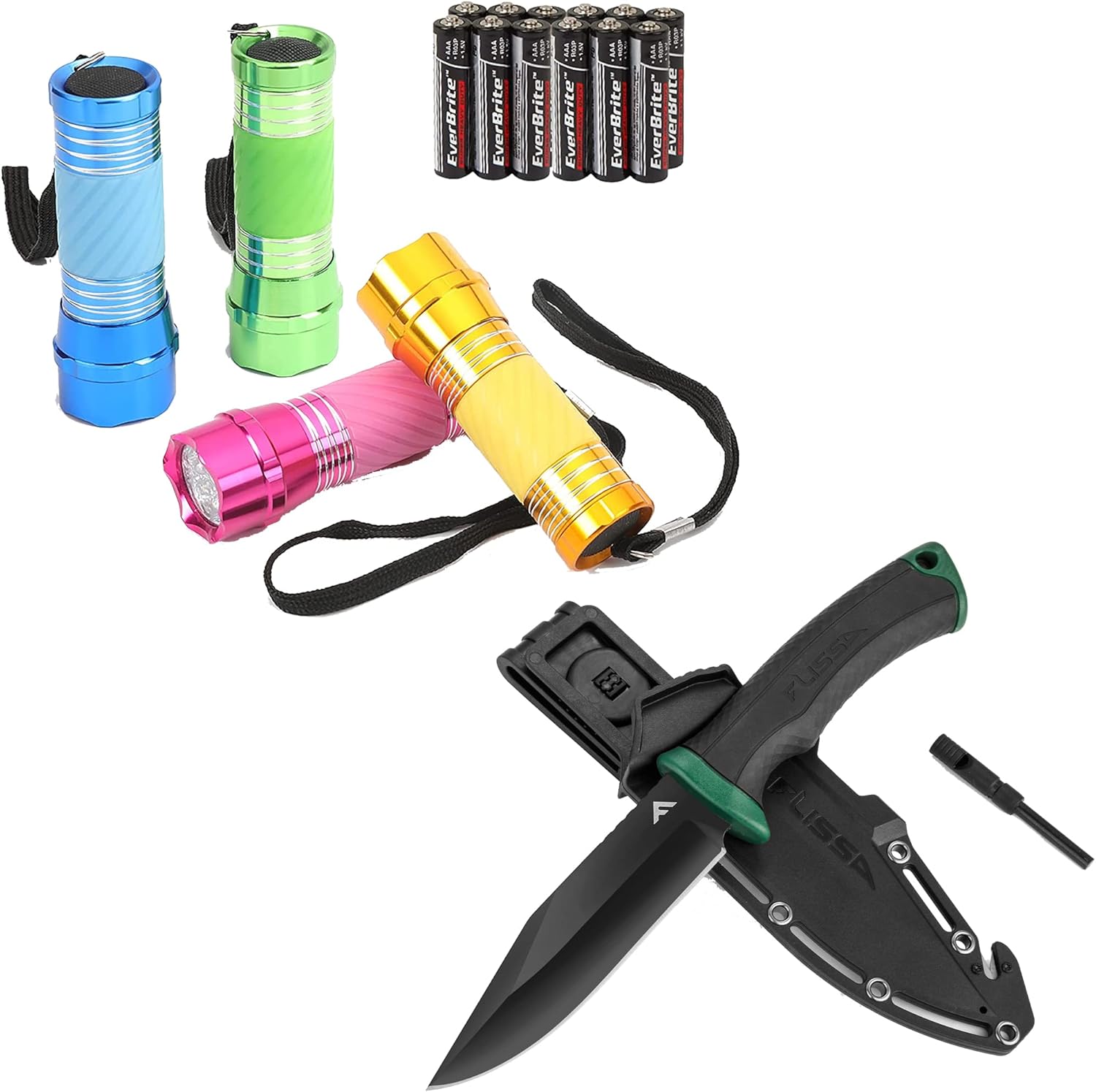 EverBrite 4-Pack Mini LED Flashlight & FLISSA 4-7/8” Survival Knife with Sheath