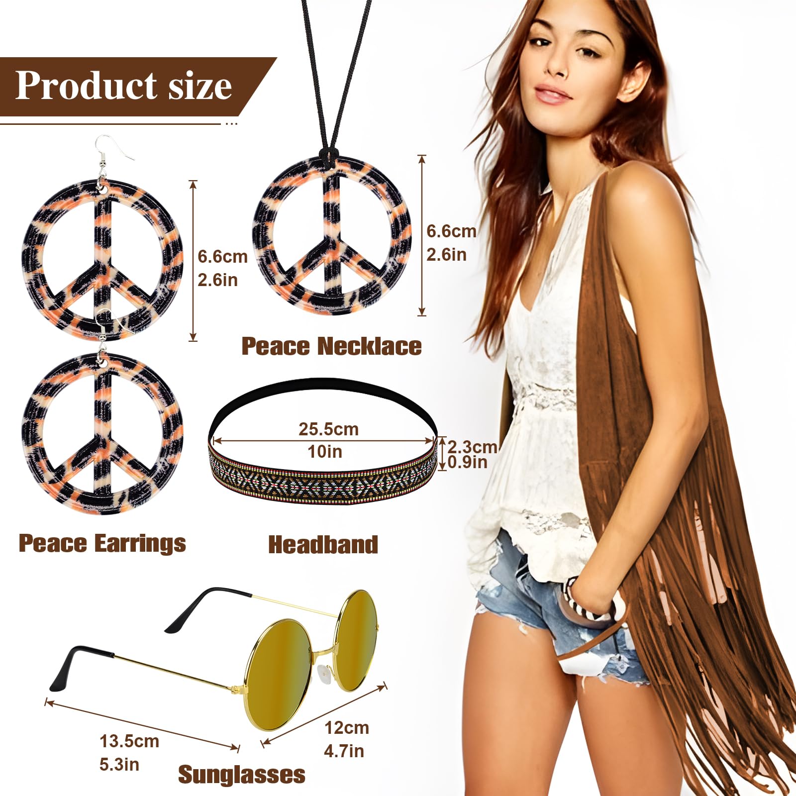 Disfraz Hippie Para Mujer - Conjunto De Los Años 70 Con Vestido Flecos, Diadema, Pendientes Y Calentadores - Talla XL