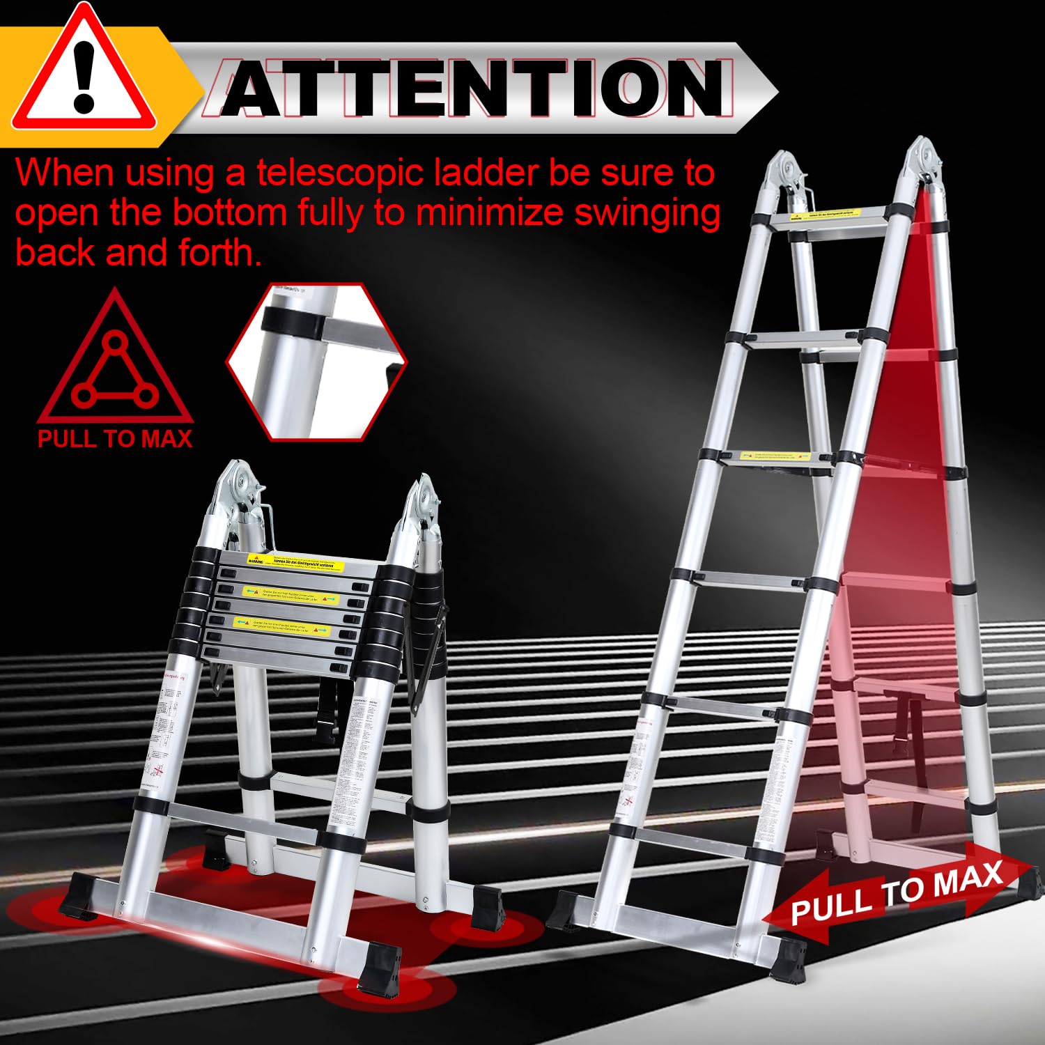 Escalera telescópica de aluminio de 3,8 m con estabilizador triangular, escalera plegable, antideslizante, multiusos, capacidad de carga de 150 kg (1,9 + 1,9 m)