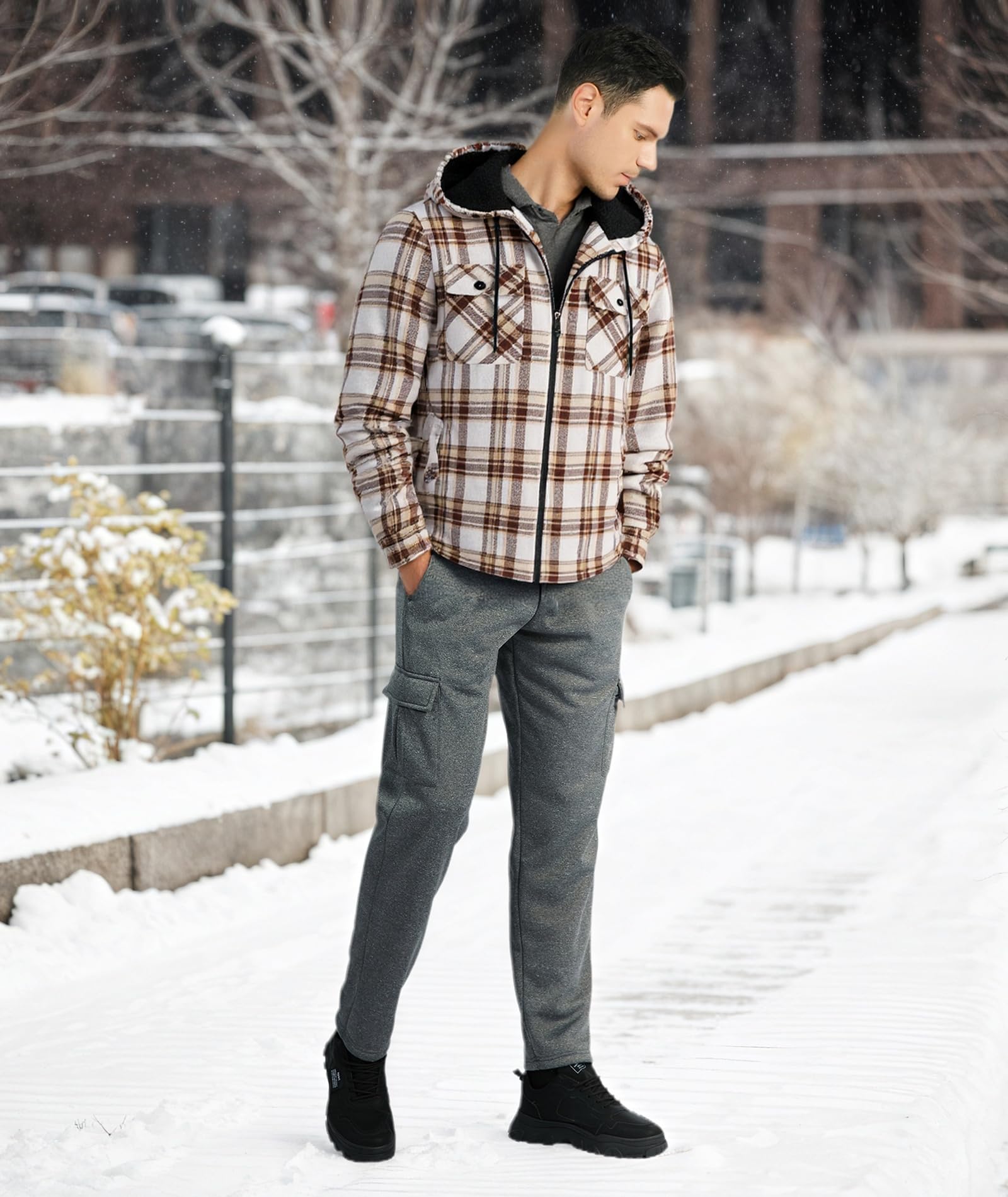 JACKETOWN Herren Fleecejacke Flanell Hemdjacke mit Kapuze Übergangsjacke Warm Gefüttert Kariertes Holzfällerhemd Winterjacke mit Taschen Casual Outdoor Mantel für Herbst Winte