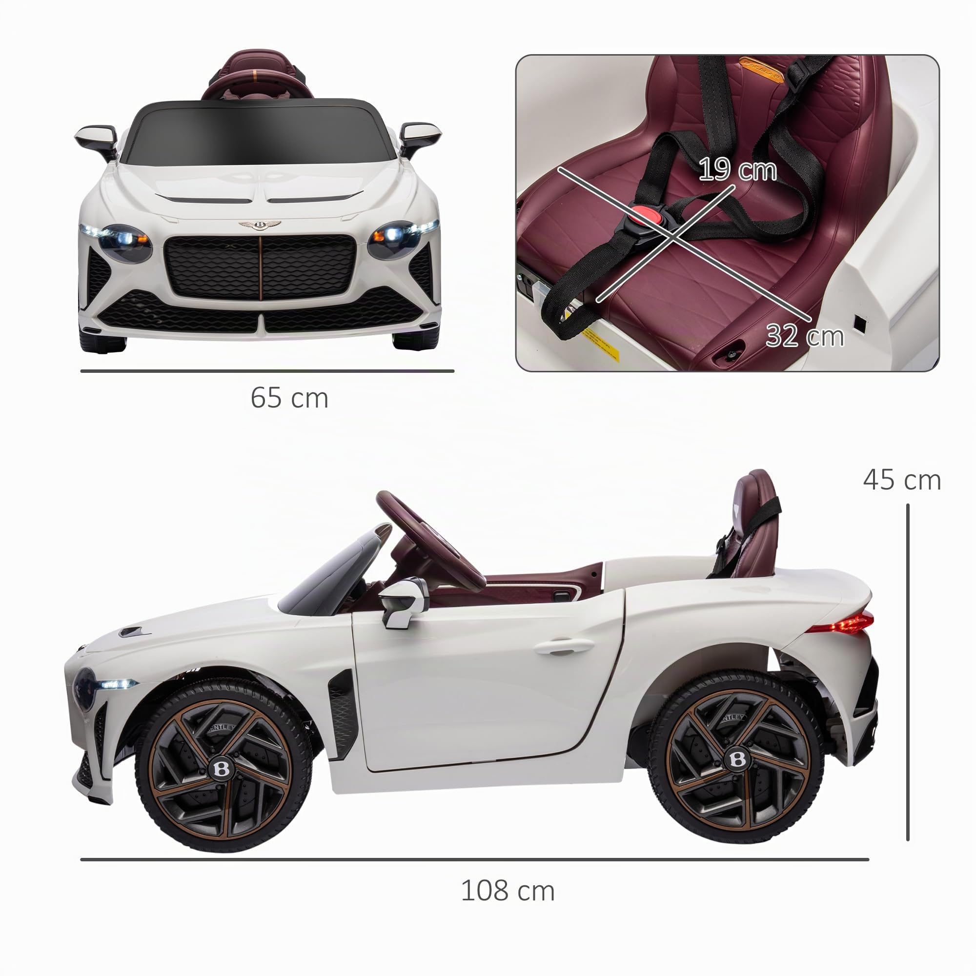 HOMCOM Auto elettrica per bambini 3-5 anni 2 motori 12V 25W Bianco | 3-5 km/h, telecomando 2.4G, MP3, clacson, 2 fari anteriori e 2 posteriori, ruote sospese, 2 porte apribili, Bentley Bacalar