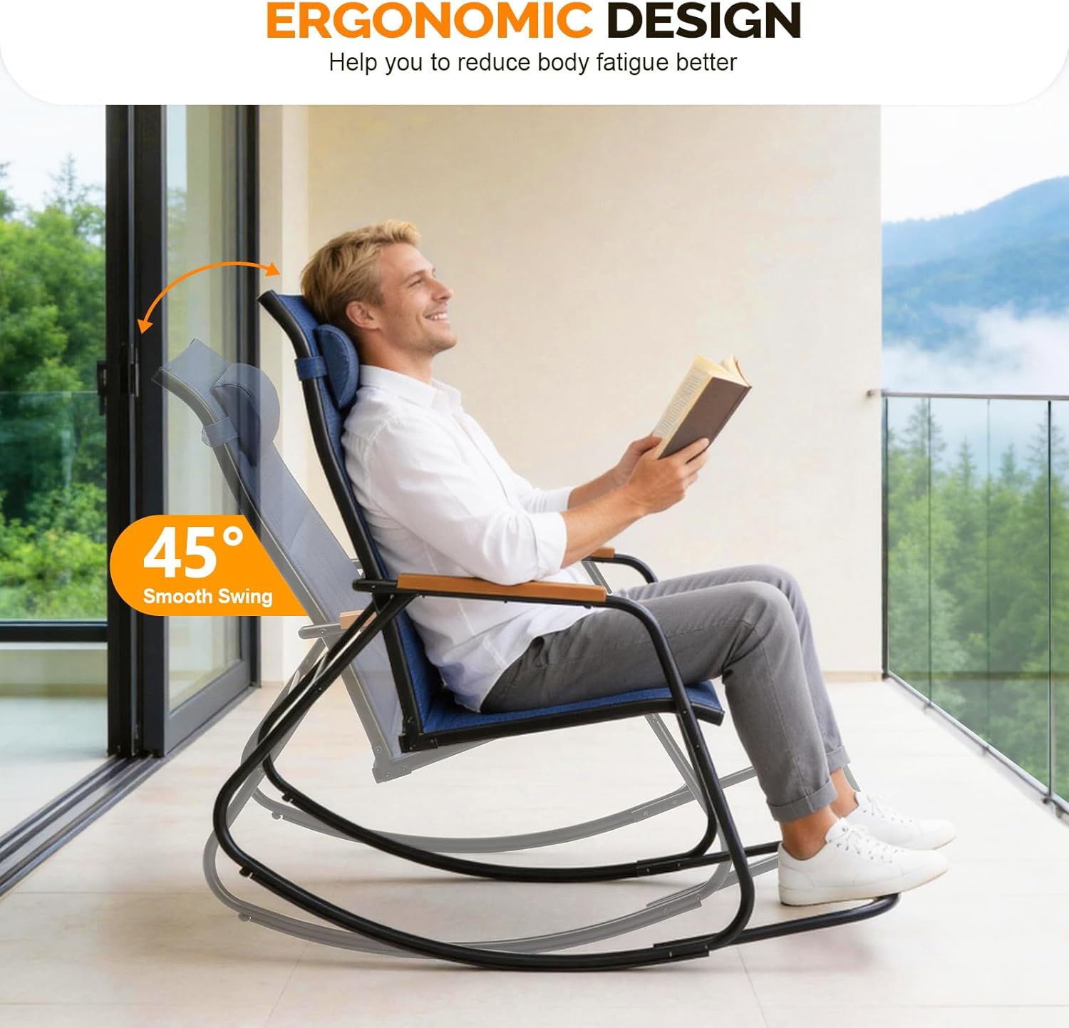 VINGLI Outdoor Rocking Chair, 450lbs Capacity Portable Outdoor Rocker with Footrest, Hard Armrests, Pillow, All Weather Porch Rocker for Garden, Living Room, Patio, Lawn (Blue, with footrest)