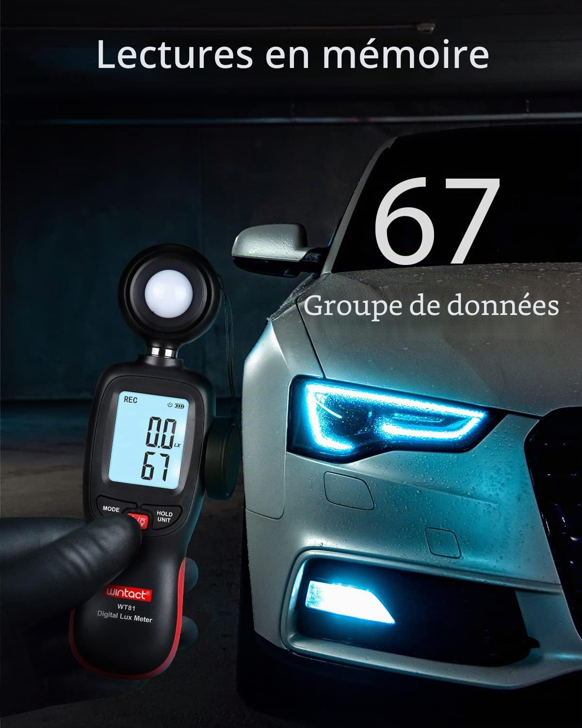 Wintact Compteur de lumière numérique portable avec thermomètre ambiant, portée jusqu'à 200 000 lux, photomètre, test d'intensité lumineuse pour jardin, lampe de croissance LED, photographie