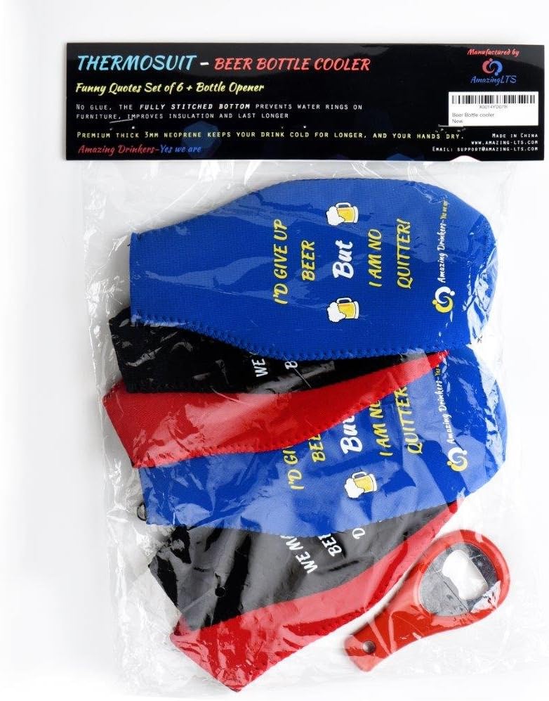 Beer Bottle sleeves- Set of 6 Multi Color Zipper Coolies with Funny Quotes - Thick Neoprene - Fully stitched, Non-Glued Base - Thermosuit Cooler + Bottle Opener - Trendy & Awesome any occas. Gift #3FQ : Home & Kitchen