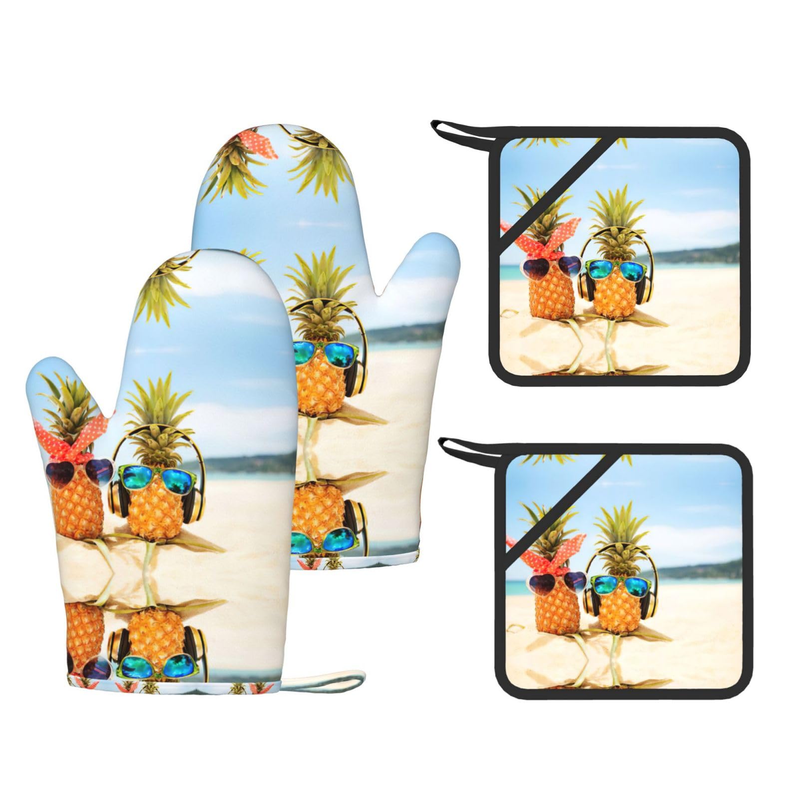 Beach Two Pineapples Sea Trendy Printed Kitchen Set with Heat Resistant Gloves & Non-Slip Hot Pads for Baking & Grilling
