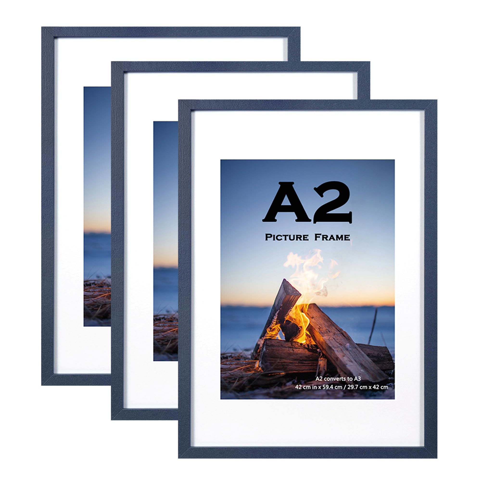 Blue Wooden Picture Frame A2(42x59.4cm) with Mat,Set of 3, Mount for A3 Picture or Certificate,Wall Mountable