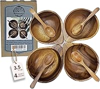Vista 11 de Juego de 4 pequeños tazones redondos de madera de acacia de 10 cm de diámetro con cucharas - Juego de tazón apilable para mezclar ensalada, sopa