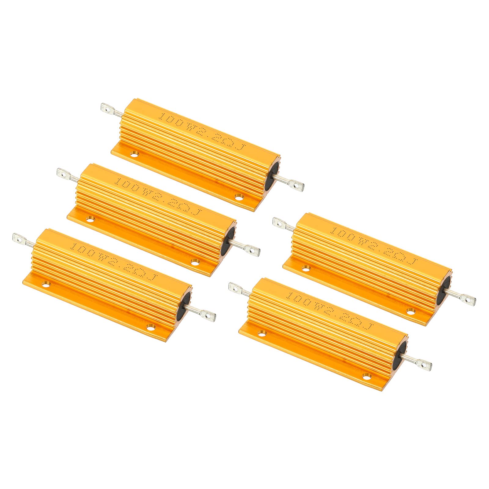 PATIKIL 100W 2.2 Ohm Aluminum Shell Resistor, 5 Pack Aluminum Housing Resistor Housed Case Wirewound Resistors Screw Tap Power Resistor, Golden