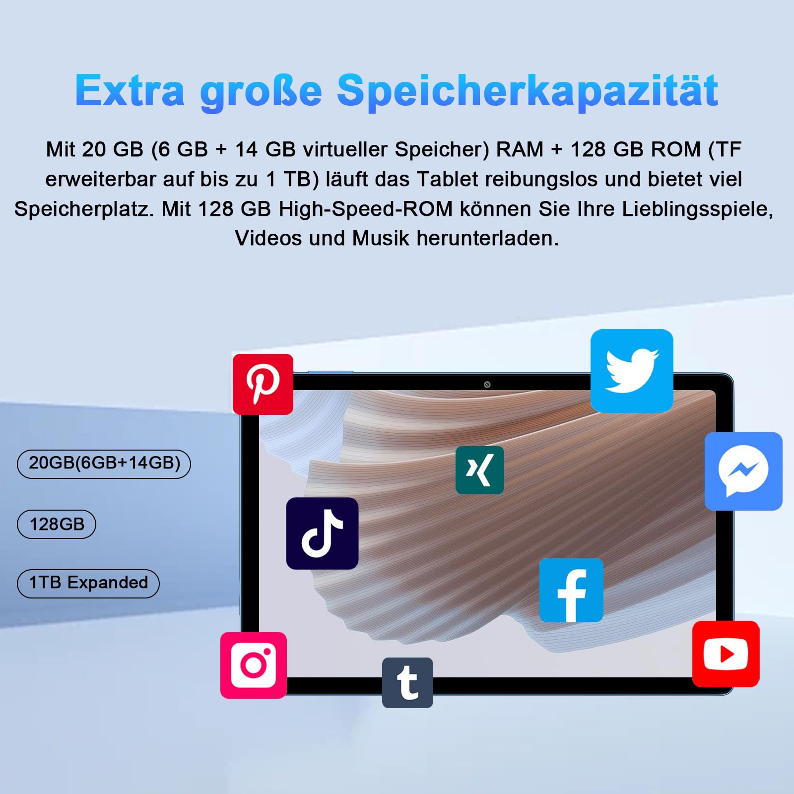 2026 Tablet 10 Zoll Android Octa Core mit 20 GB RAM + 128 GB ROM (2 TB TF) | 5G + 2,4 G WiFi | FHD | GMS | Bluetooth 5.0 | 8 MP + 5 MP | Typ C, Tablet mit Touch, Gehäuse, Tastatur und Maus - Blau