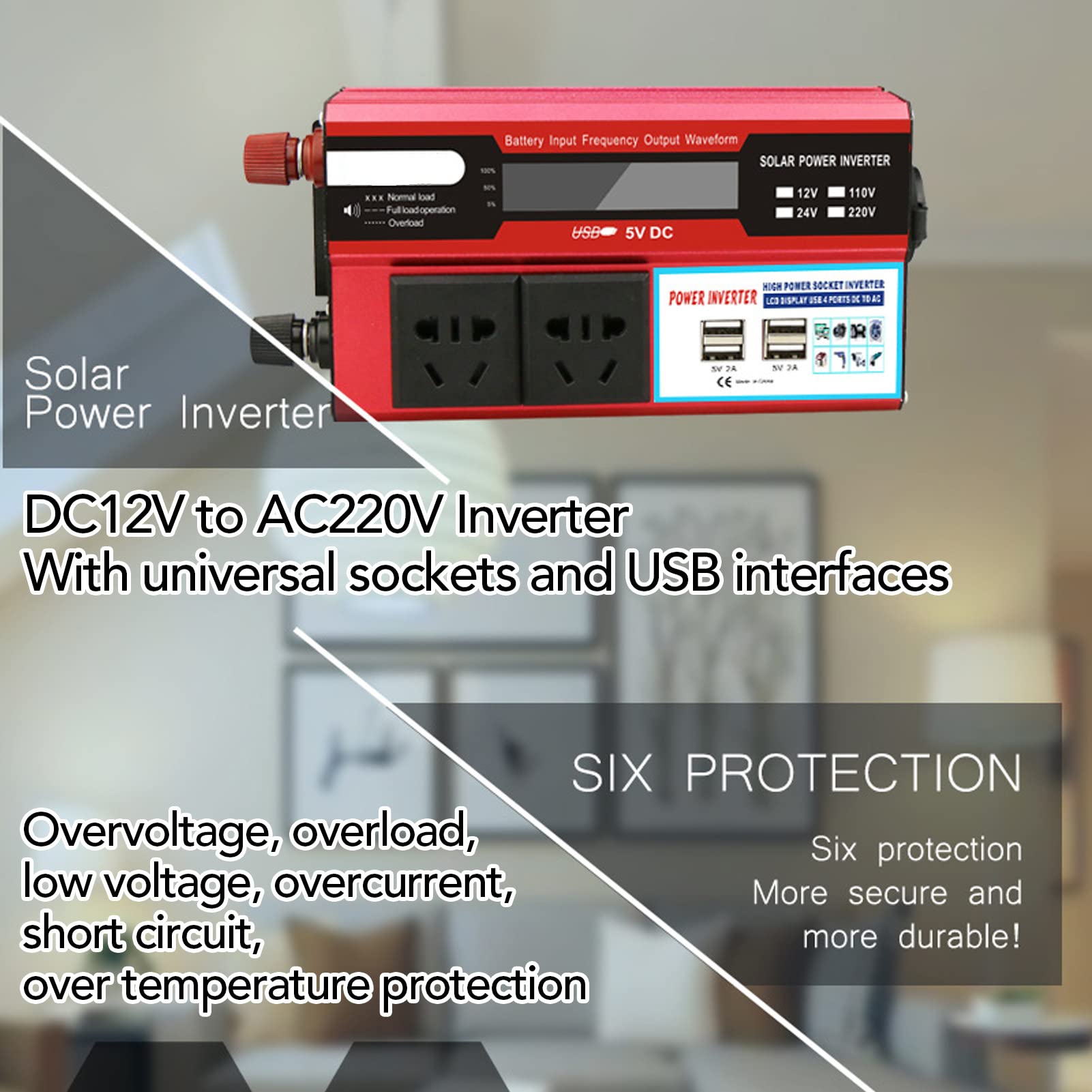 Inversor de Corriente de 500W DC12V a AC220V Inversor de Coche con 4 Puertos USB