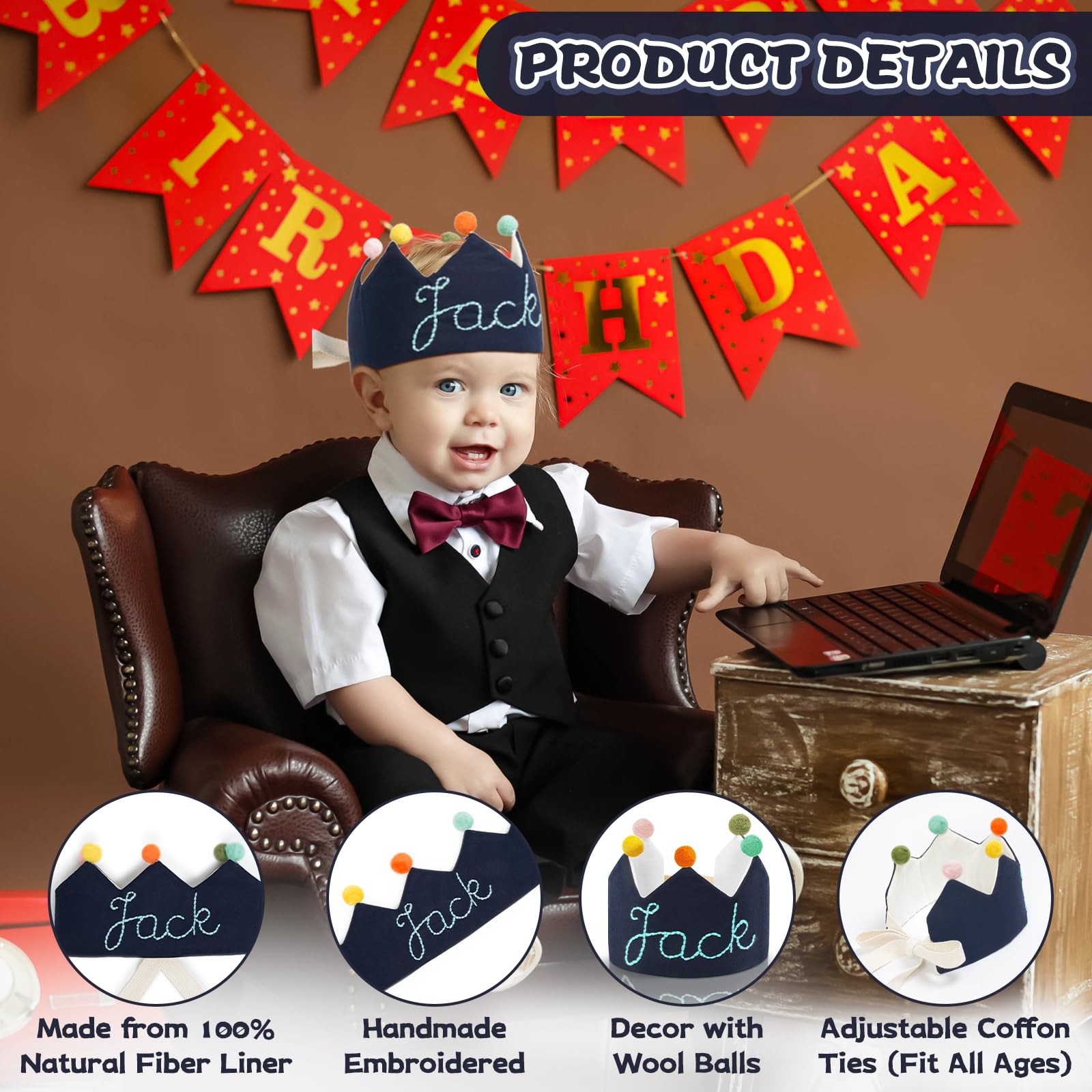 AIKERUBU Personalized Hand Embroidered Crown, Custom Birthday Hats, 1st First Birthday Hat, First Birthday Crown for Baby and Kid Birthdays, Fit All Ages (Navy)