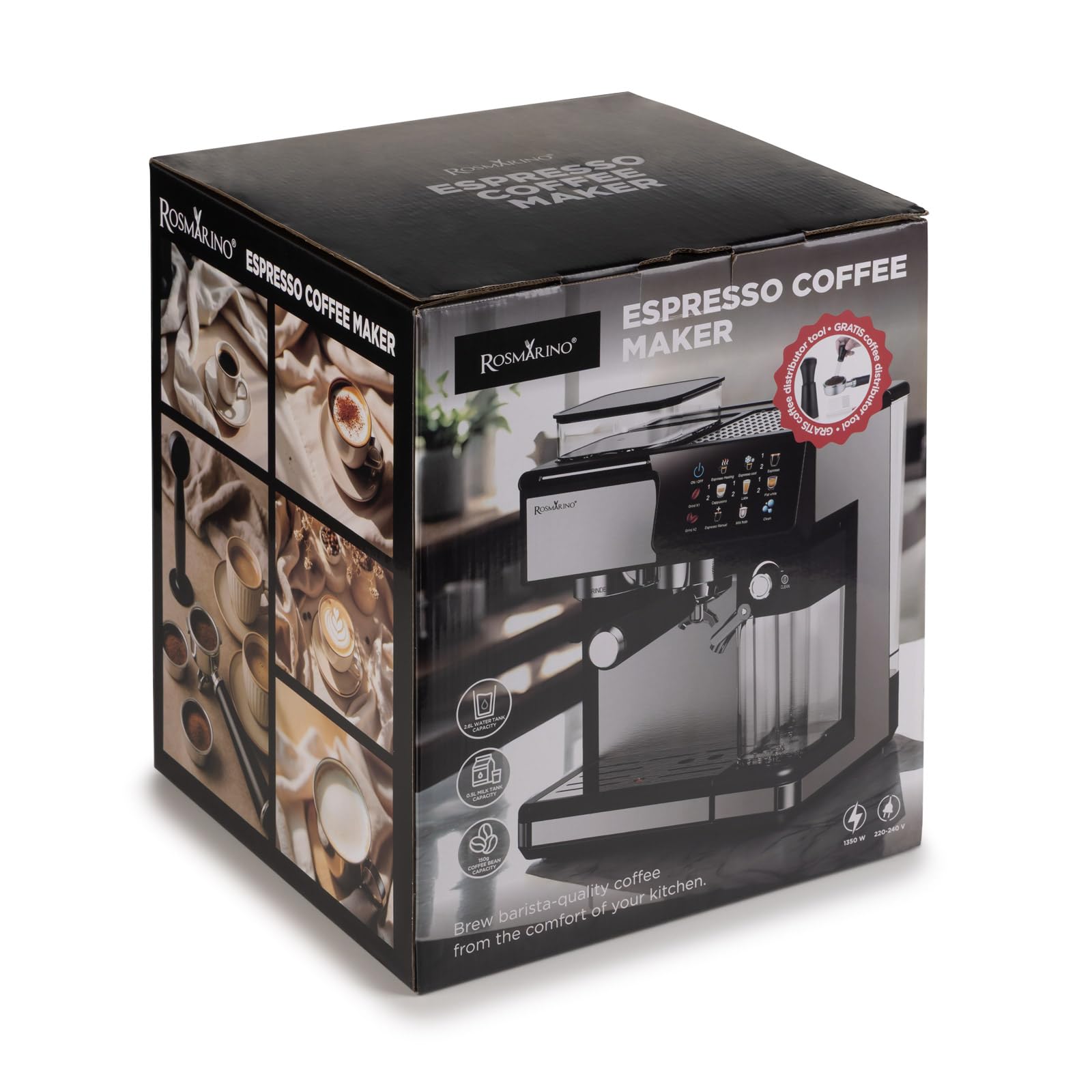 ROSMARINO W pełni automatyczny ekspres do kawy z młynkiem, pompa 20 bar, automatyczny spieniacz do mleka, Touch Control, zbiornik na wodę 2,6 l, espresso Cappuccino Latte, samoczyszczący, czarny