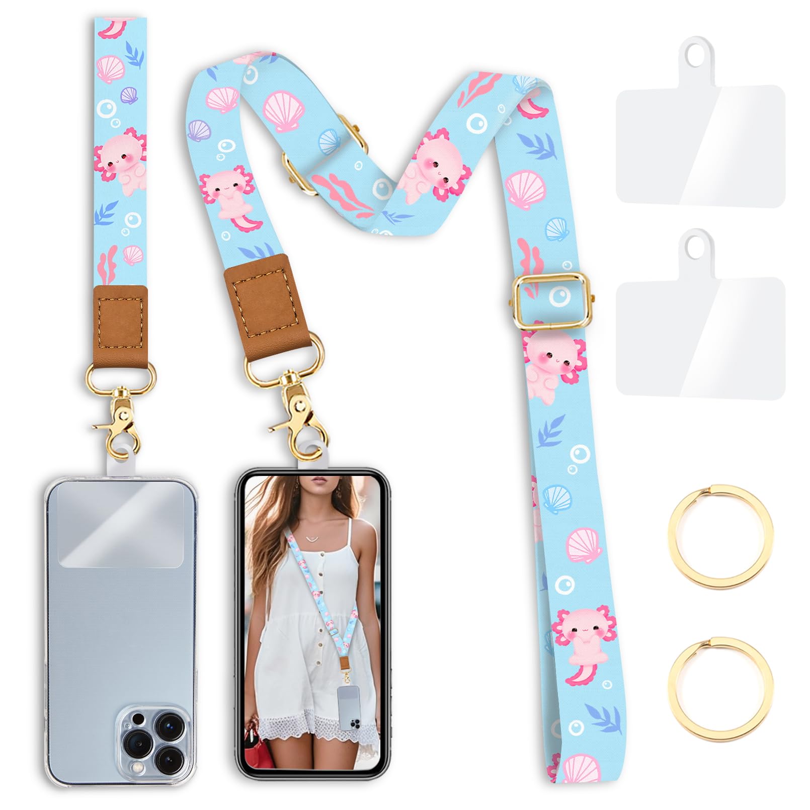 Yonlevres Cell Phone Lanyard Crossbody with Wrist Strap, Cute Axolotls Lanyards for around the Neck Wristlet Adjustable Strap for Keys Case ID Badges