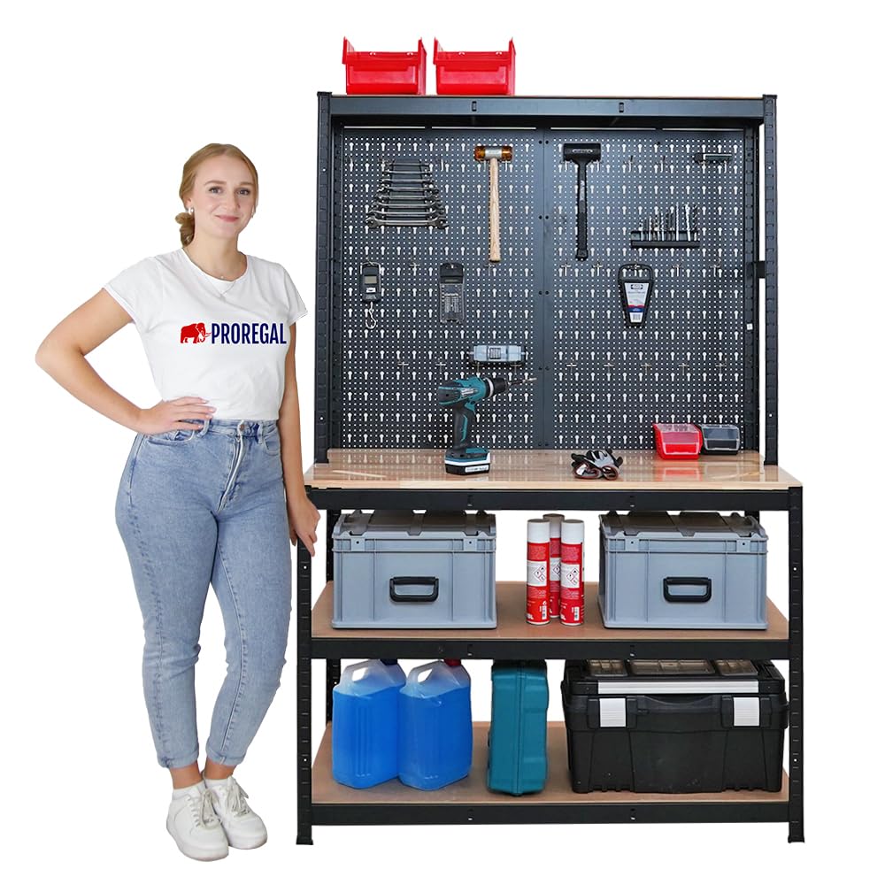 PROREGAL Profi - Tavolo da lavoro Giant Beast con parete perforata | HxLxP 180x120x60cm | Capacità di carico 175kg | Nero