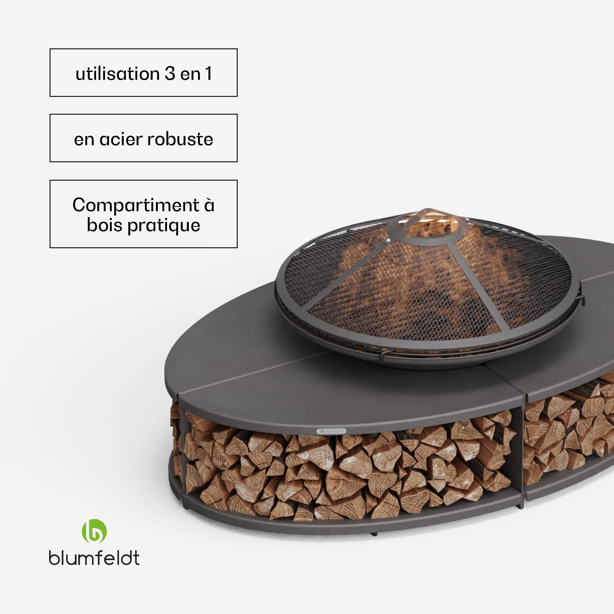 Blumfeldt Ebeko Brasero Exterieur - Barbecue & Table, 3-en-1 Brasero en Acier Durable, Pare-Étincelles & Tisonnier Inclus, Rangement Bûches, Housse Imperméable, Idéal Jardin & Terrasse