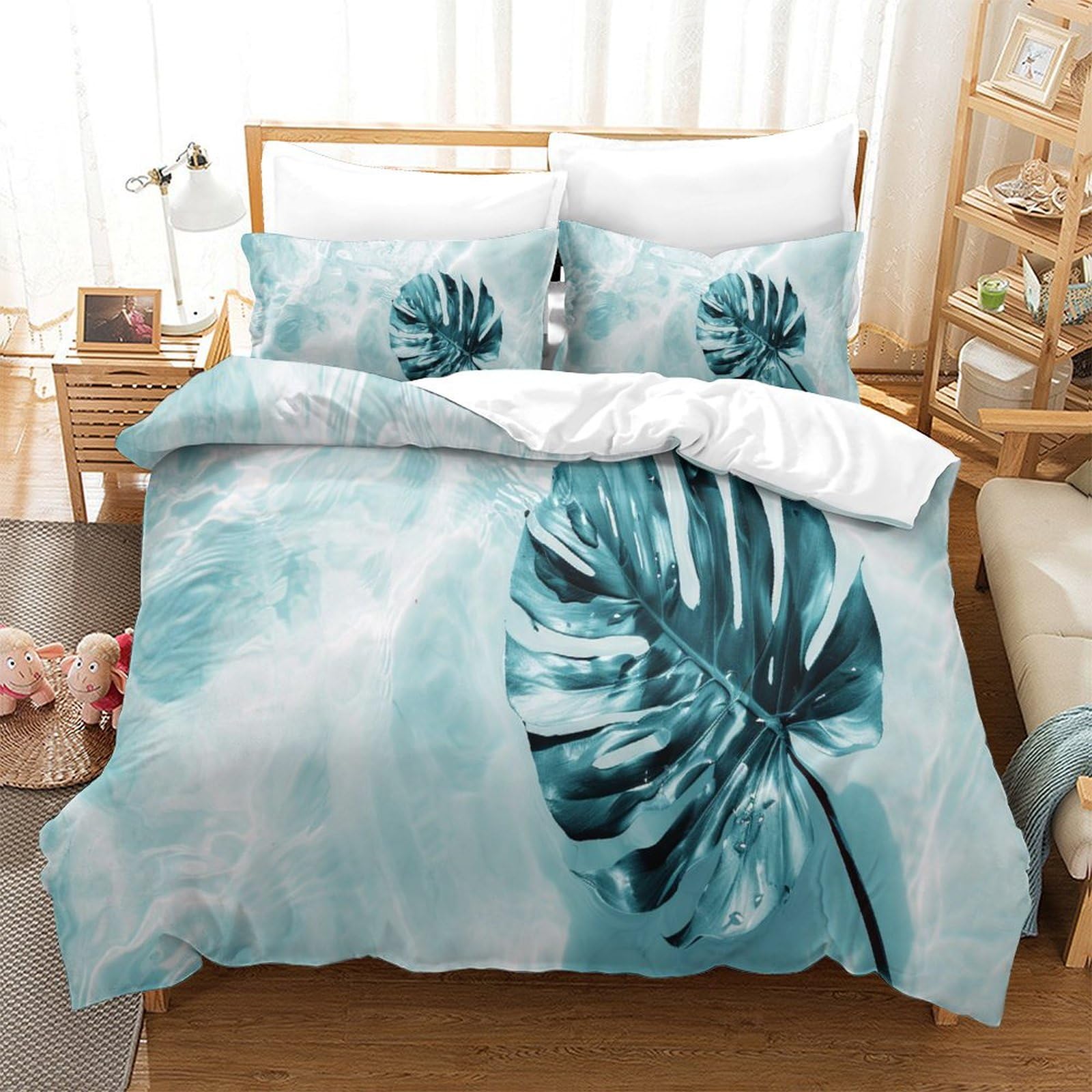 P1s9u7w5y Water Ripple 3D Printed Botanical Leaf Duvet Cover Set 3Pcs Microfiber Green Plant Bedding Set King（220X240cm）