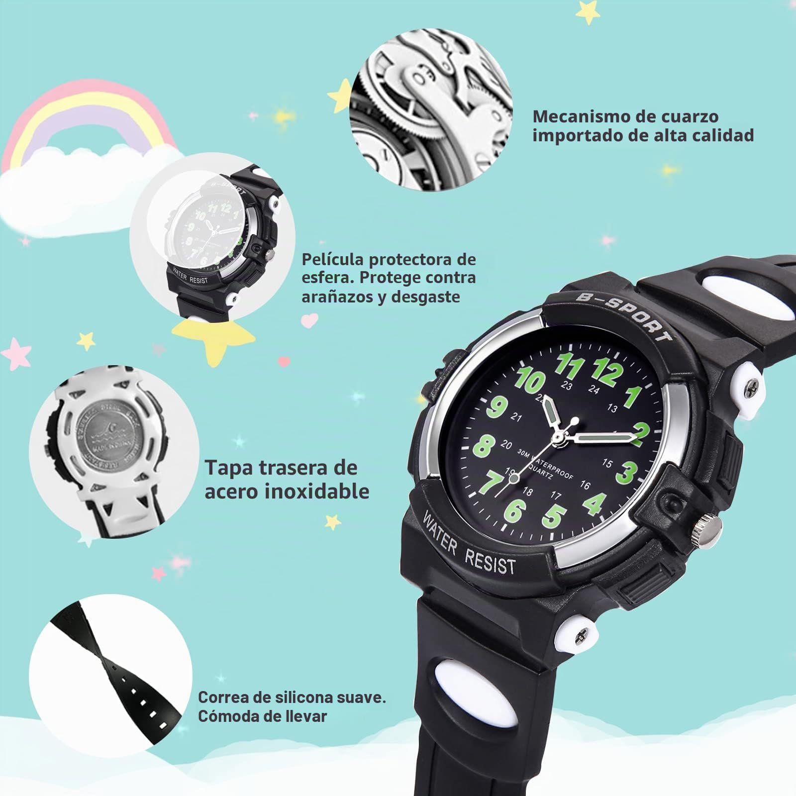 Reloj Analógico para Niños,Niña,3ATM Resistente al Agua, Fácil de Leer,Reloj de Enseñanza,Reloj de Pulsera de Banda Suave para Chico Chica