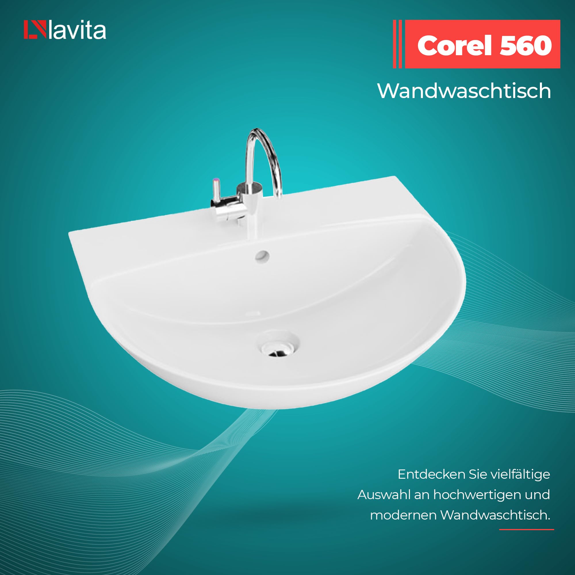 LAVITA Hängewaschbecken Corel | Waschbecken hängend | Waschtisch Rund | Waschbecken mit Überlauf und Hahnloch | Hochwertige Keramik | Badezimmer | 56x47x19 cm | Weiß Glanz