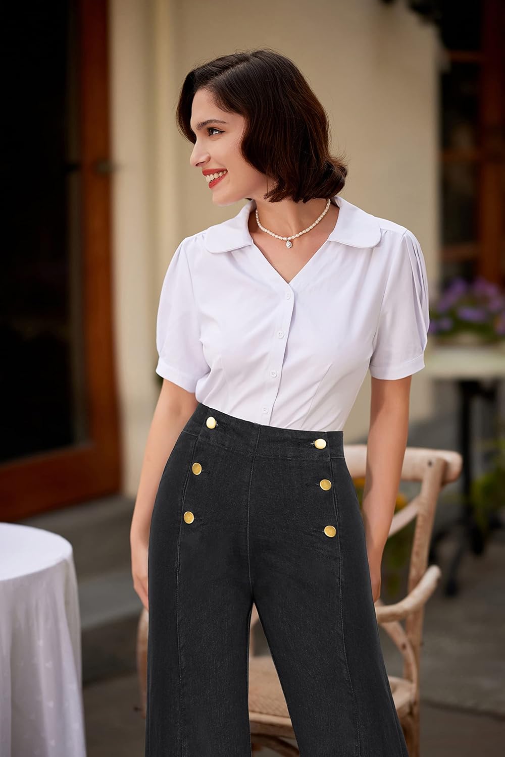 Belle Poque Women's High Waisted Wide Leg Jeans Button Decorated Casual Stretchy Demin Pants with Pockets - Image 2