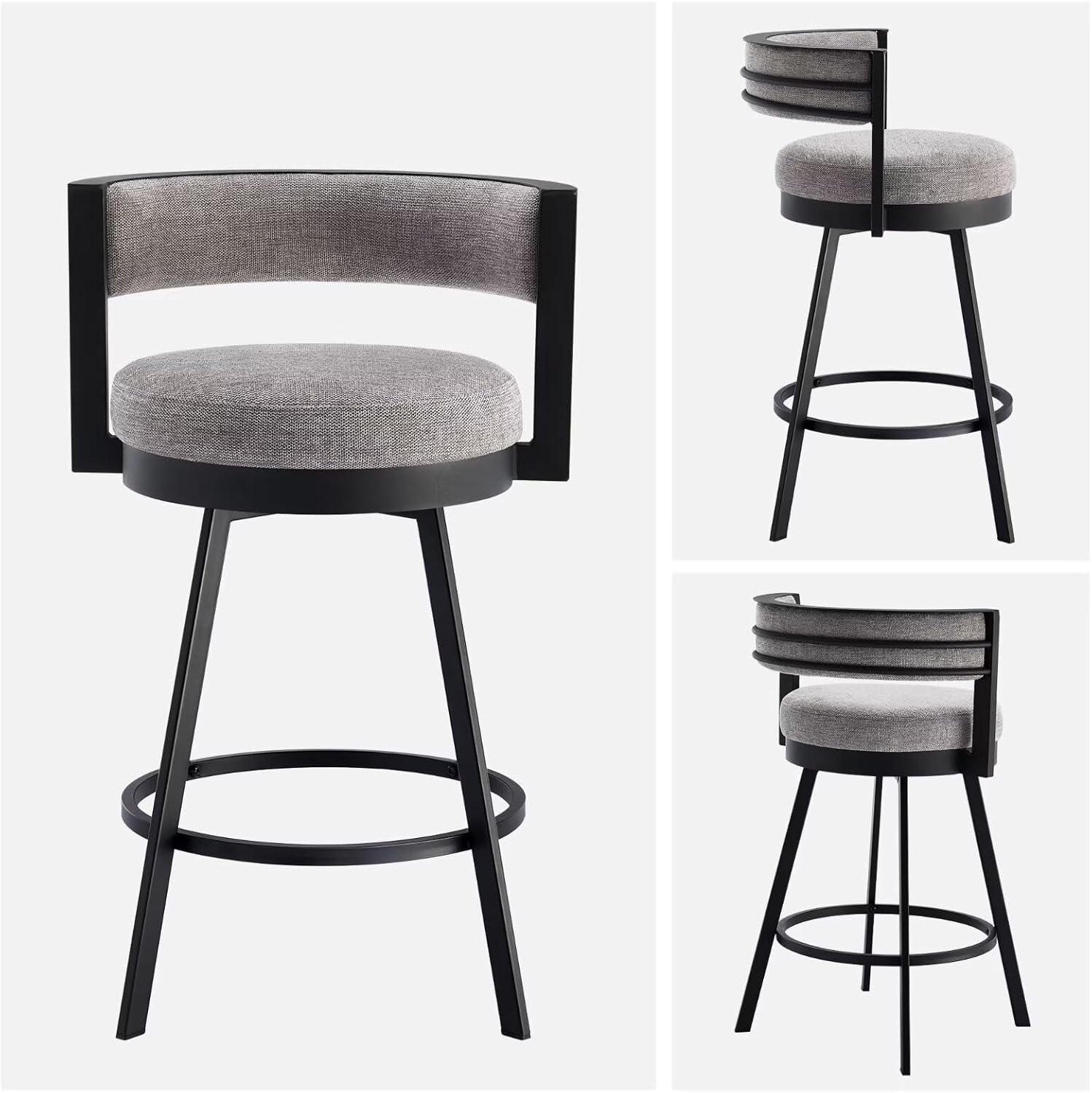 Flouki Swivel Counter Height Bar Stools Set of 2, Upholstered 26.6" Modern Counter Stools with Arms, Linen Barstools with Back and Metal Base for Kitchen Island, Dining Room, Grey Linen Fabric