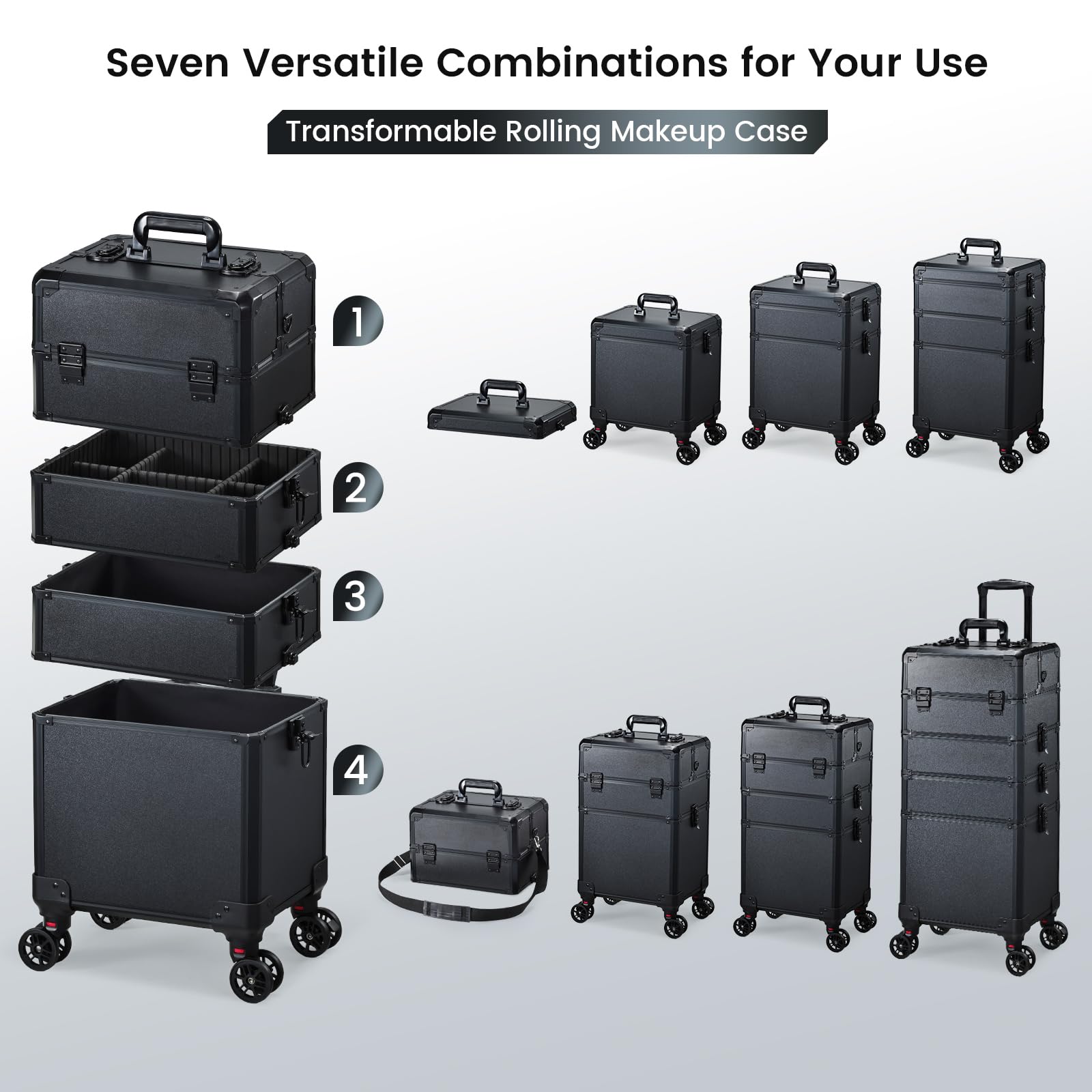 Kosmetikkoffer Alu Beauty Case 5 in 1 Kosmetik Trolley Rollkoffer Make Up Koffer Groß Schminkkoffer Nagelkoffer Abschließbare Friseur Box Drehbare Rollen für Reisen Schwarz