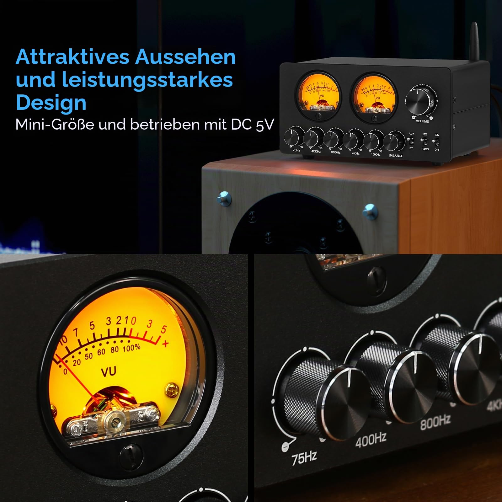 Douk Audio 5-Band-Equalizer Bluetooth EQ Vorverstärker für Heim-Stereo/Computer-Lautsprecher/Verstärker mit VU-Meter (EQ5 PRO)