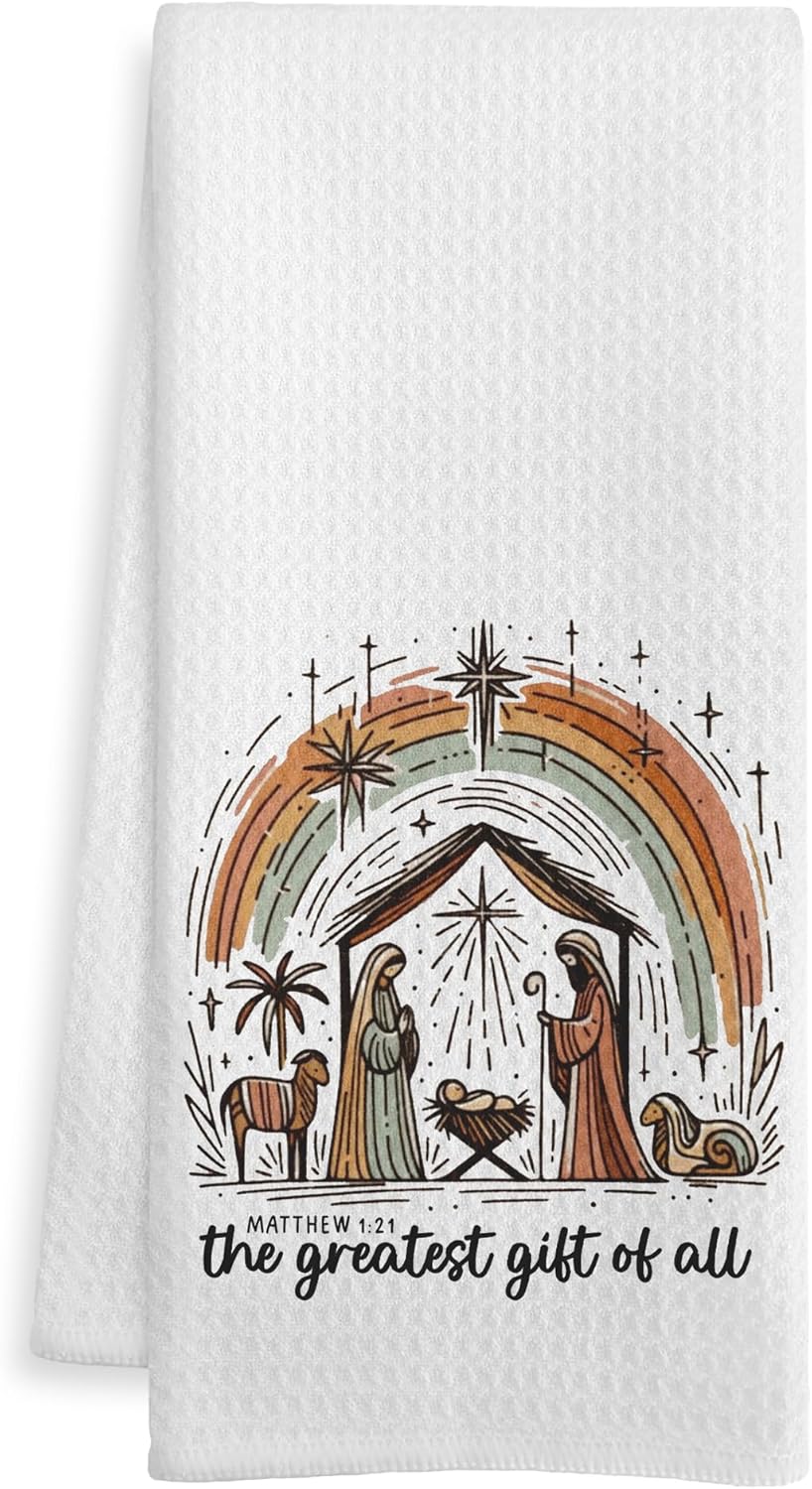 Christian Christmas Nativity Kitchen Towels, Birth of Jesus Christian Dish Tea Towels, The Greatest Gift of All Bible Verse Decorative Hand Towel for Bathroom, 16x24 Inch