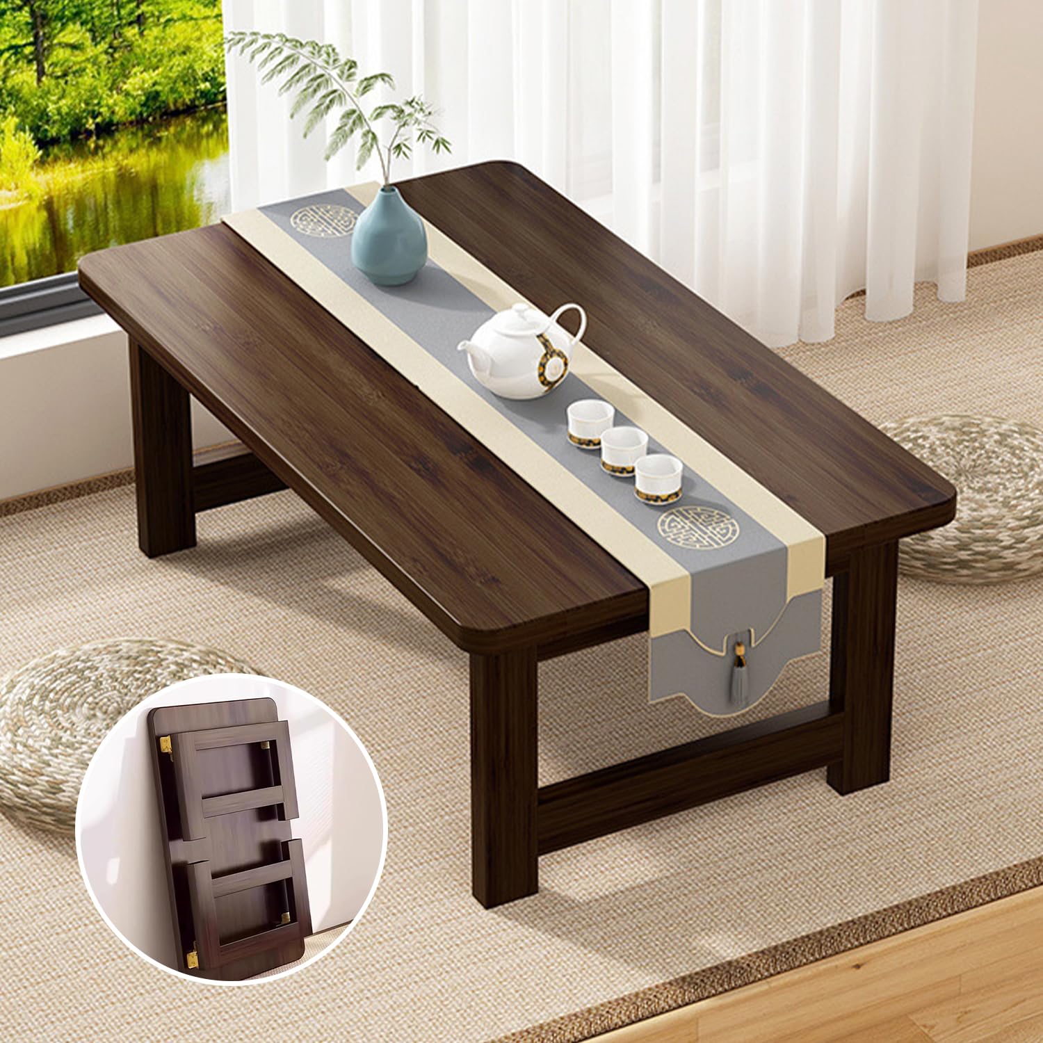 Foldable Japanese Floor Table, Folding Low Coffee Table, No Assembly Tea Table for Sitting On The Floor, Modern Wood Altar Table for Meditation Dining