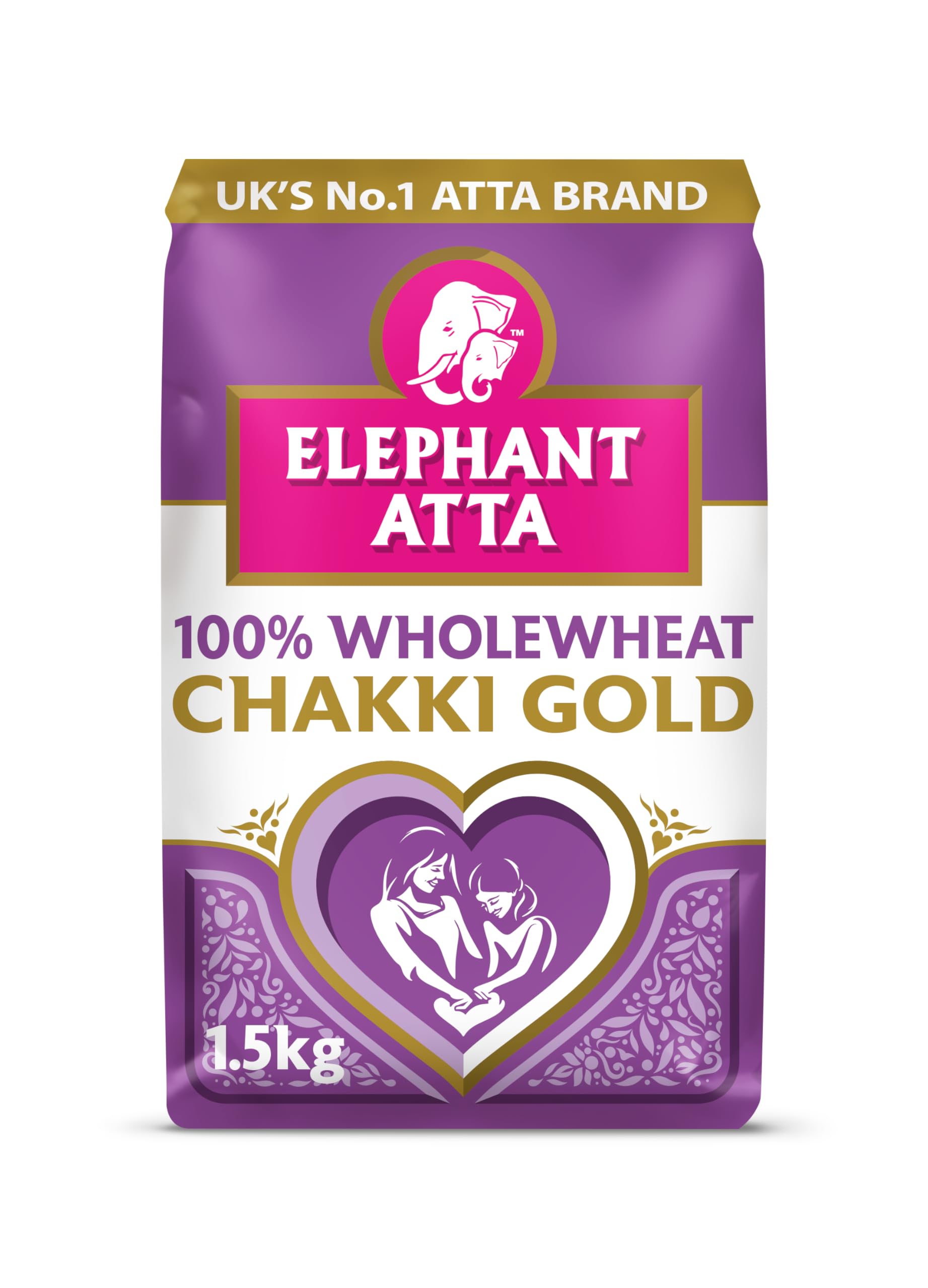 Elephant Atta Chakki Gold Premium Chapatti Flour 1.5kg - 100% Wholewheat Atta, High in Fibre - Chapati, Naan & Roti Flour - Pack of 1 x 1.5kg