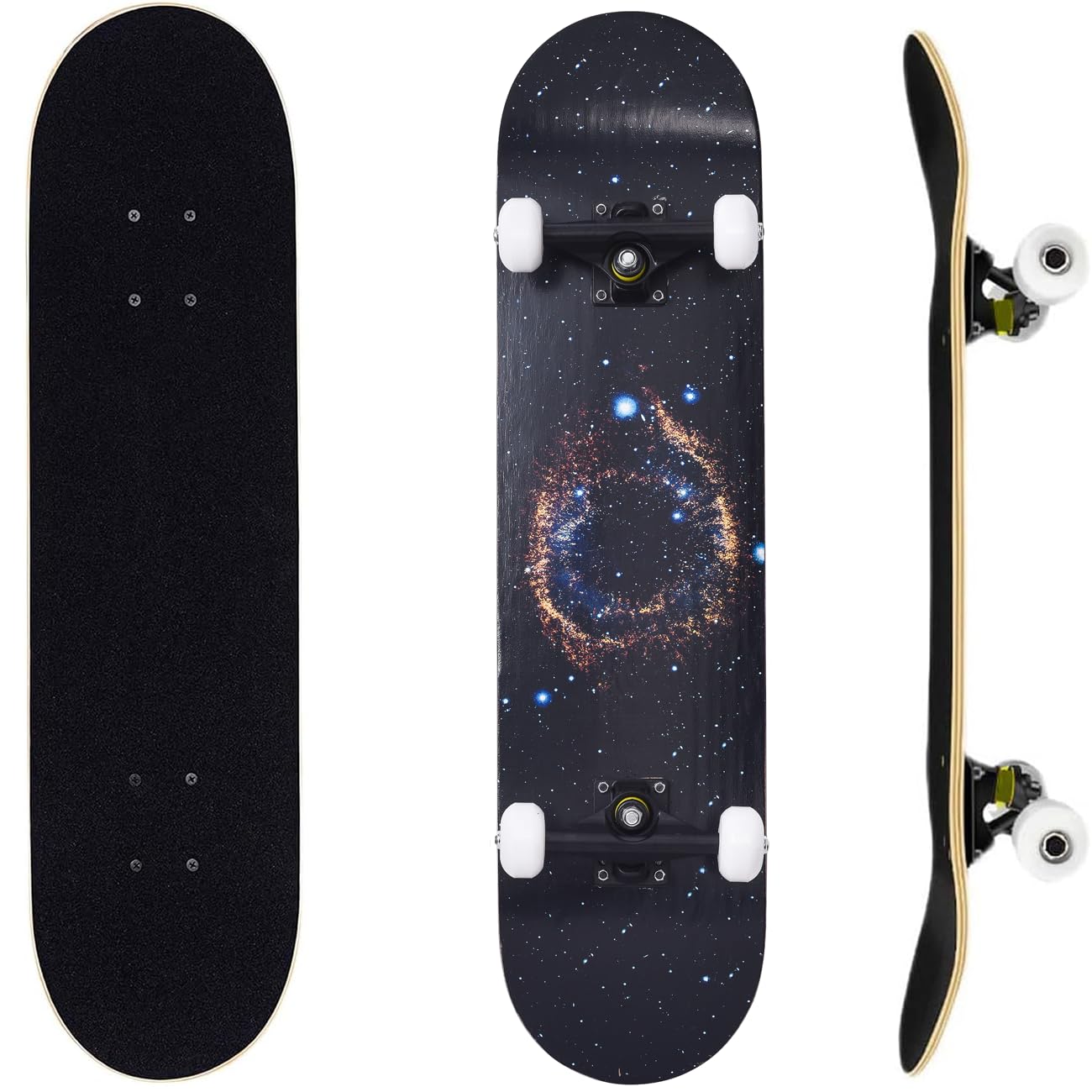 ERNAN Complete Skateboard for Beginners,31 x 8 Inch Double Kick Skateboard for Kids Teenagers & Adults. with Skate T-Tool. (Blue Stars)