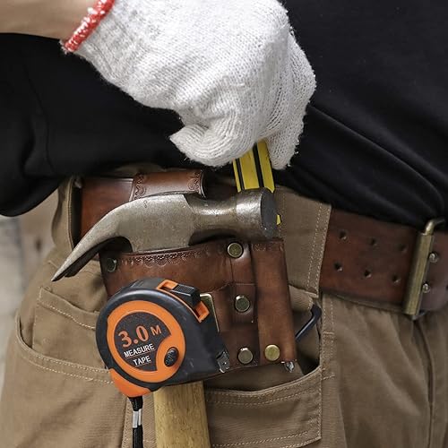 Miniatura 8 de TOURBON Funda de herramienta de cuero Martillo Cinta métrica Portalápices para cinturón de herramientas