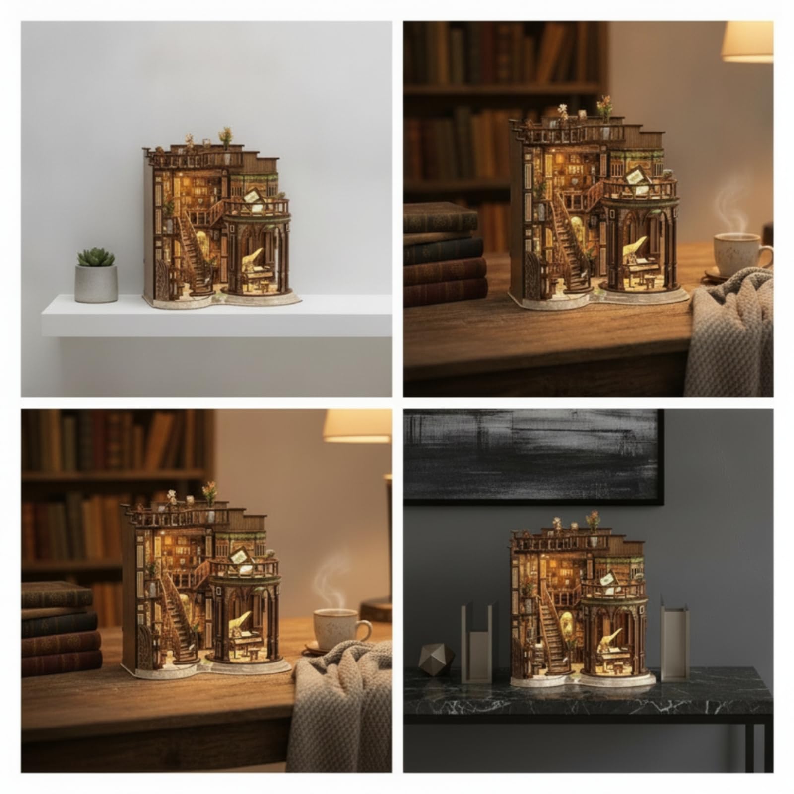 Gitohoni Diy Buchstützen Bausatz Miniatur Buchladen Modell Bastelset Holzbausatz Dekoratives Regal Zubehör mit Warmem Licht aus Holzfaser für Bücherregal Kinderzimmer Wohnzimmer
