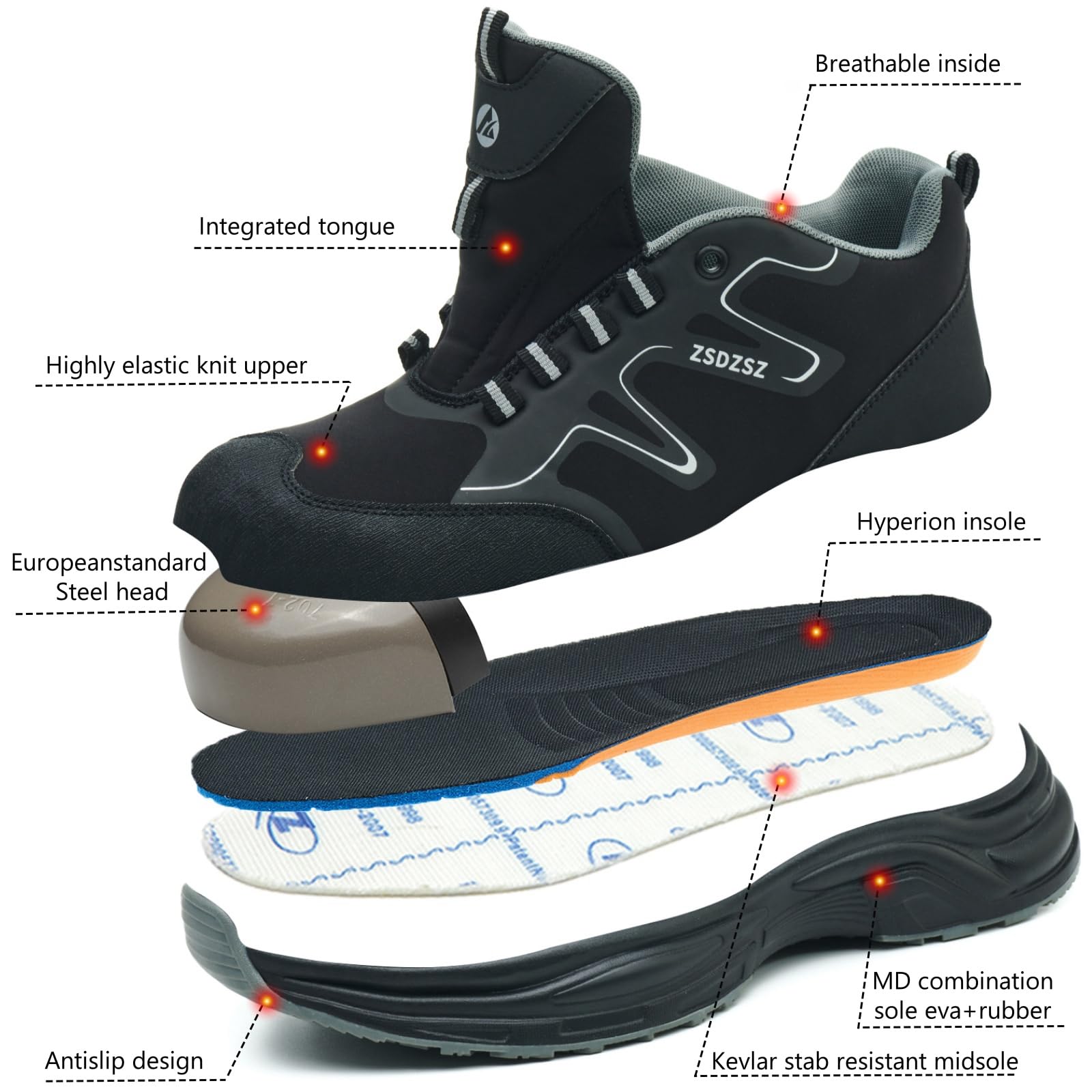 Obuwie ochronne męskie, lekkie, damskie buty robocze, wygodne, oddychające, bezpieczne buty ze stalowym noskiem, antypoślizgowe, buty budowlane, Czarny, 44 EU